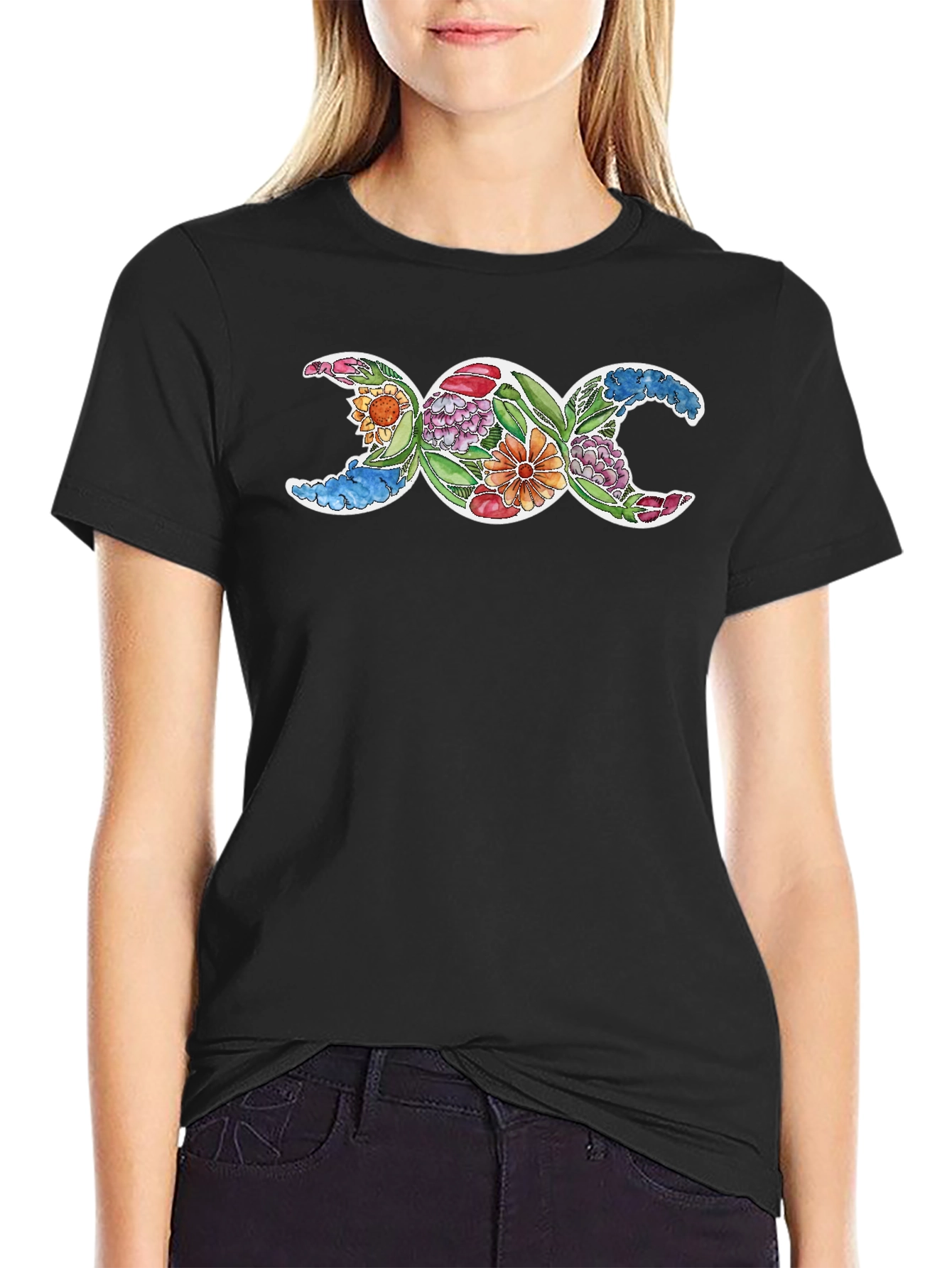 Triple Moon Goddess Floral T-Shirt - Black