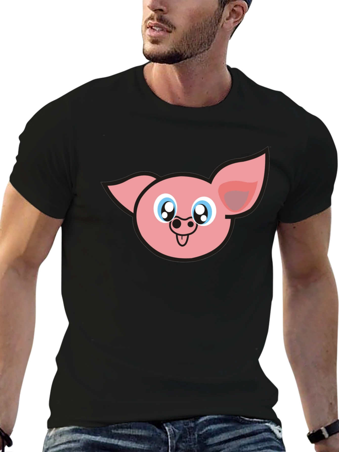 Cute Pig Face Graphic Black T-Shirt