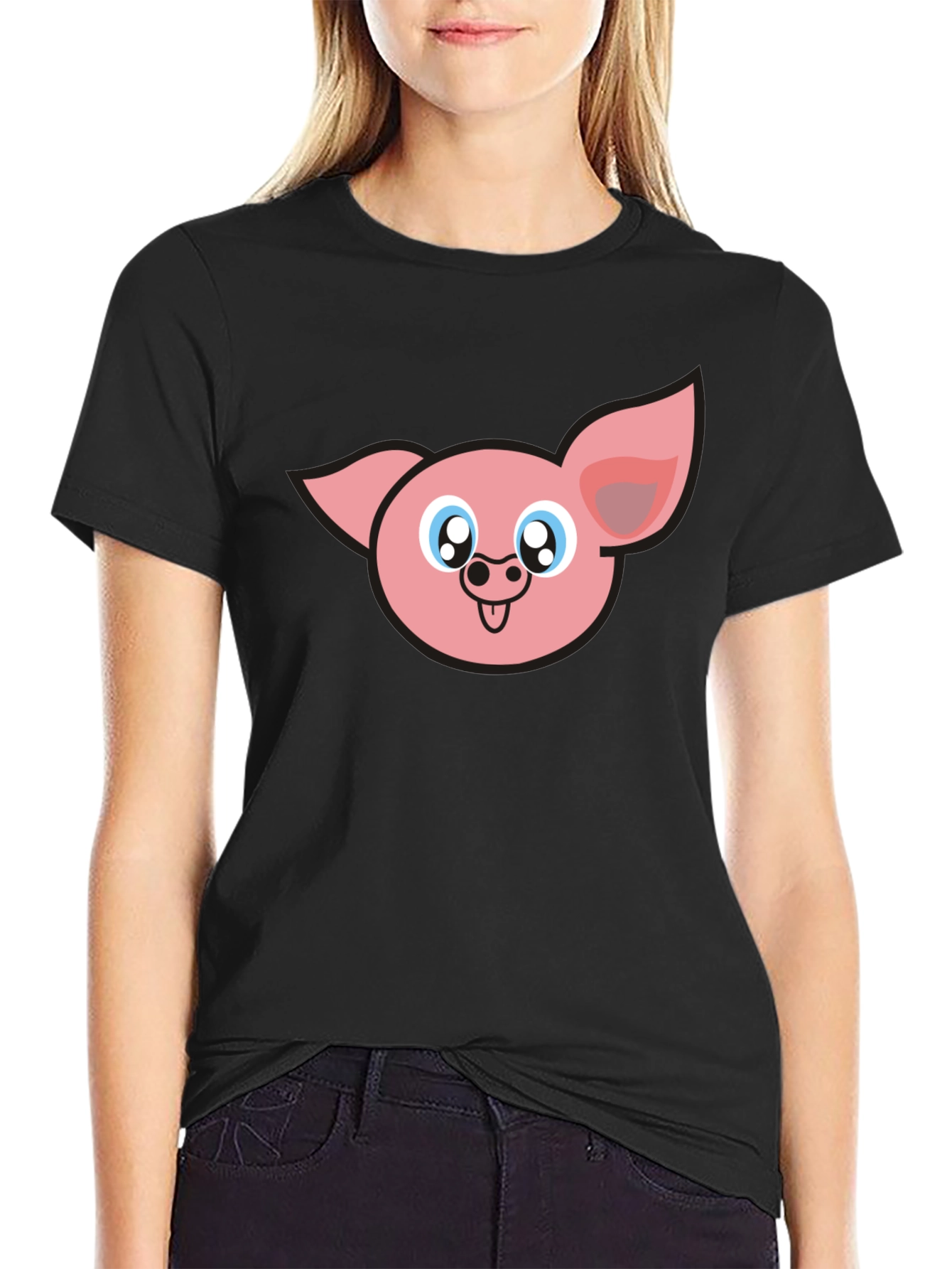 Cute Pig Face Graphic Black T-Shirt