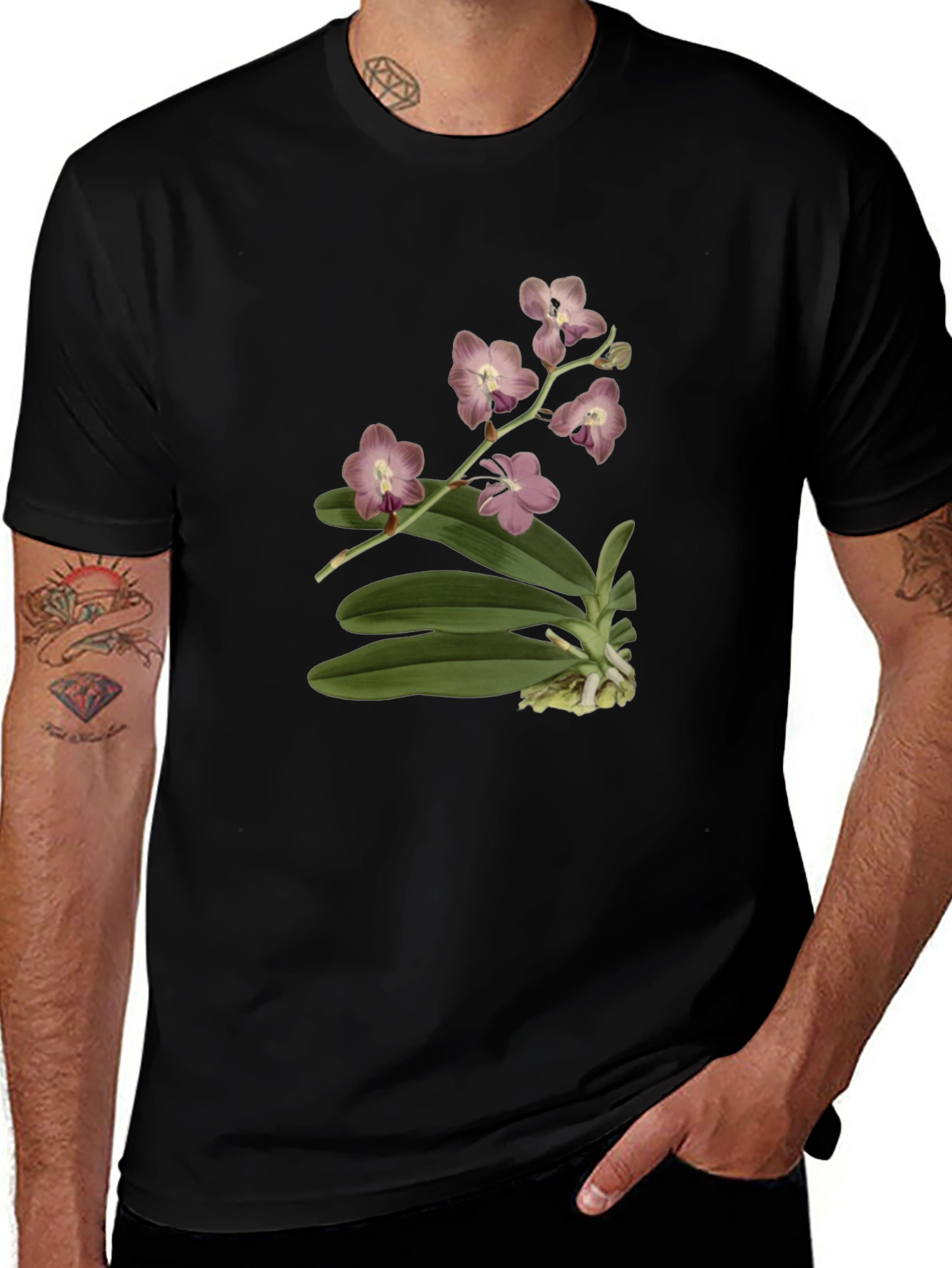 Botanical Orchid Print Black T-Shirt
