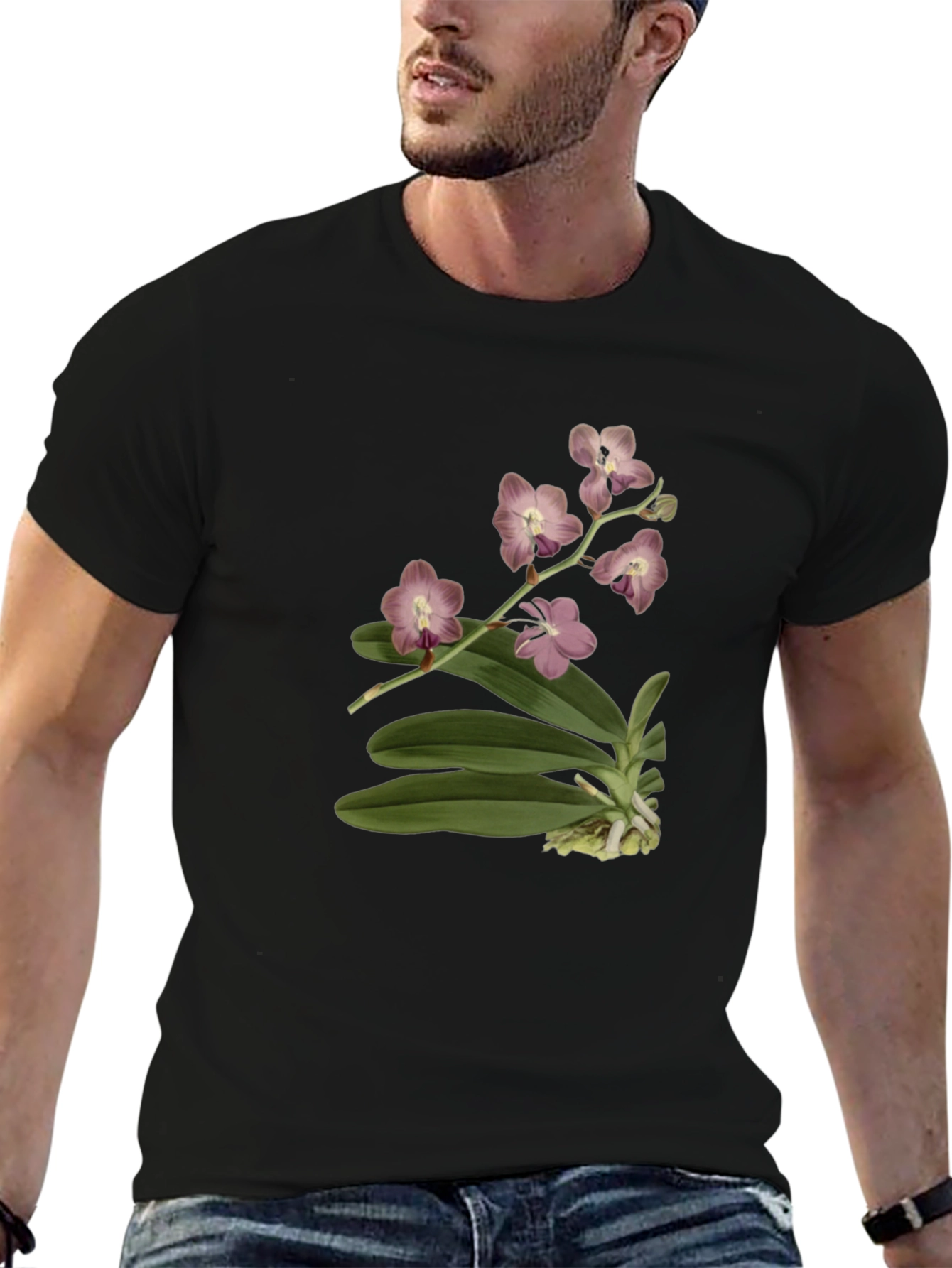 Botanical Orchid Print Black T-Shirt