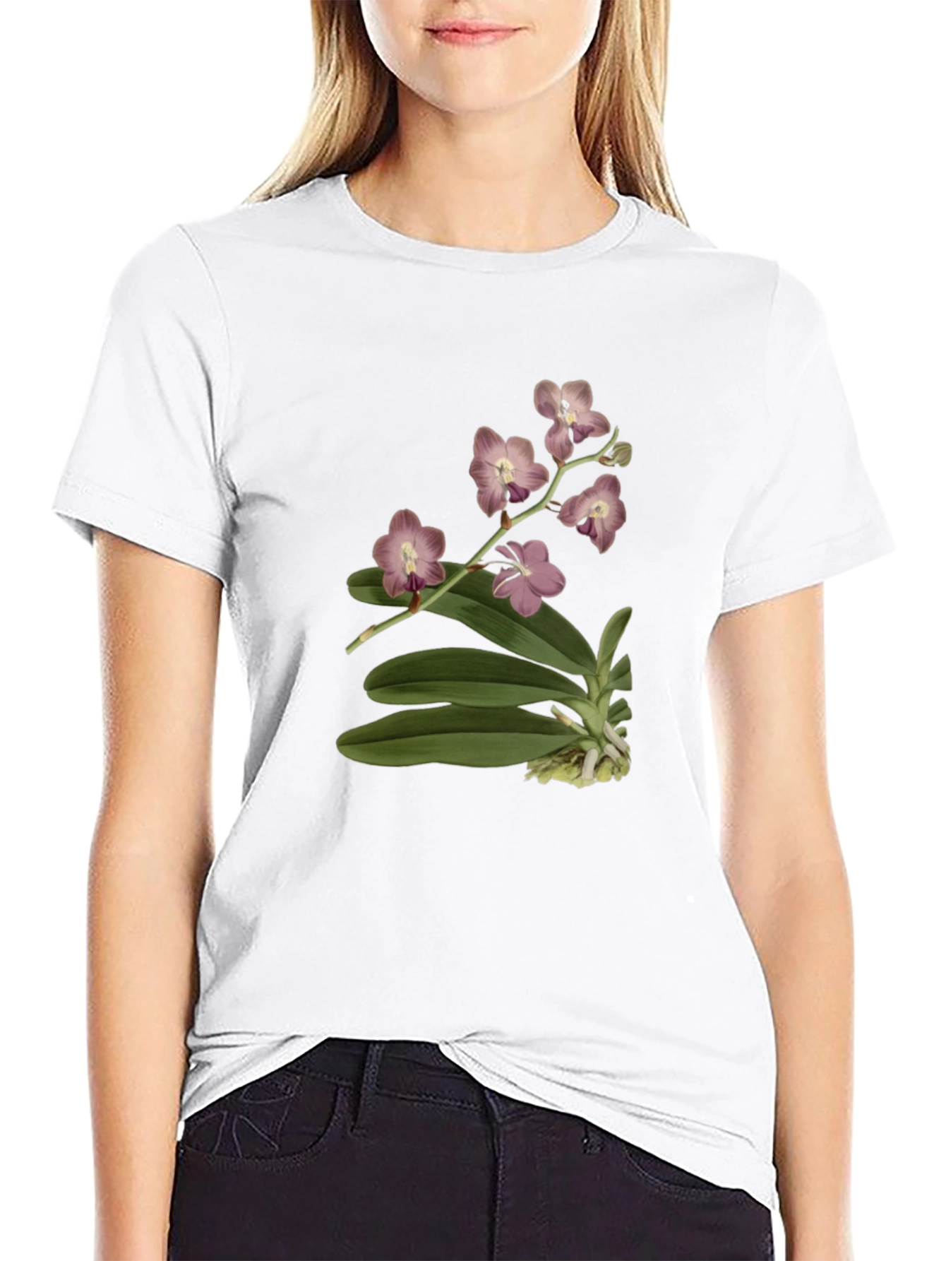 Botanical Orchid Print Black T-Shirt