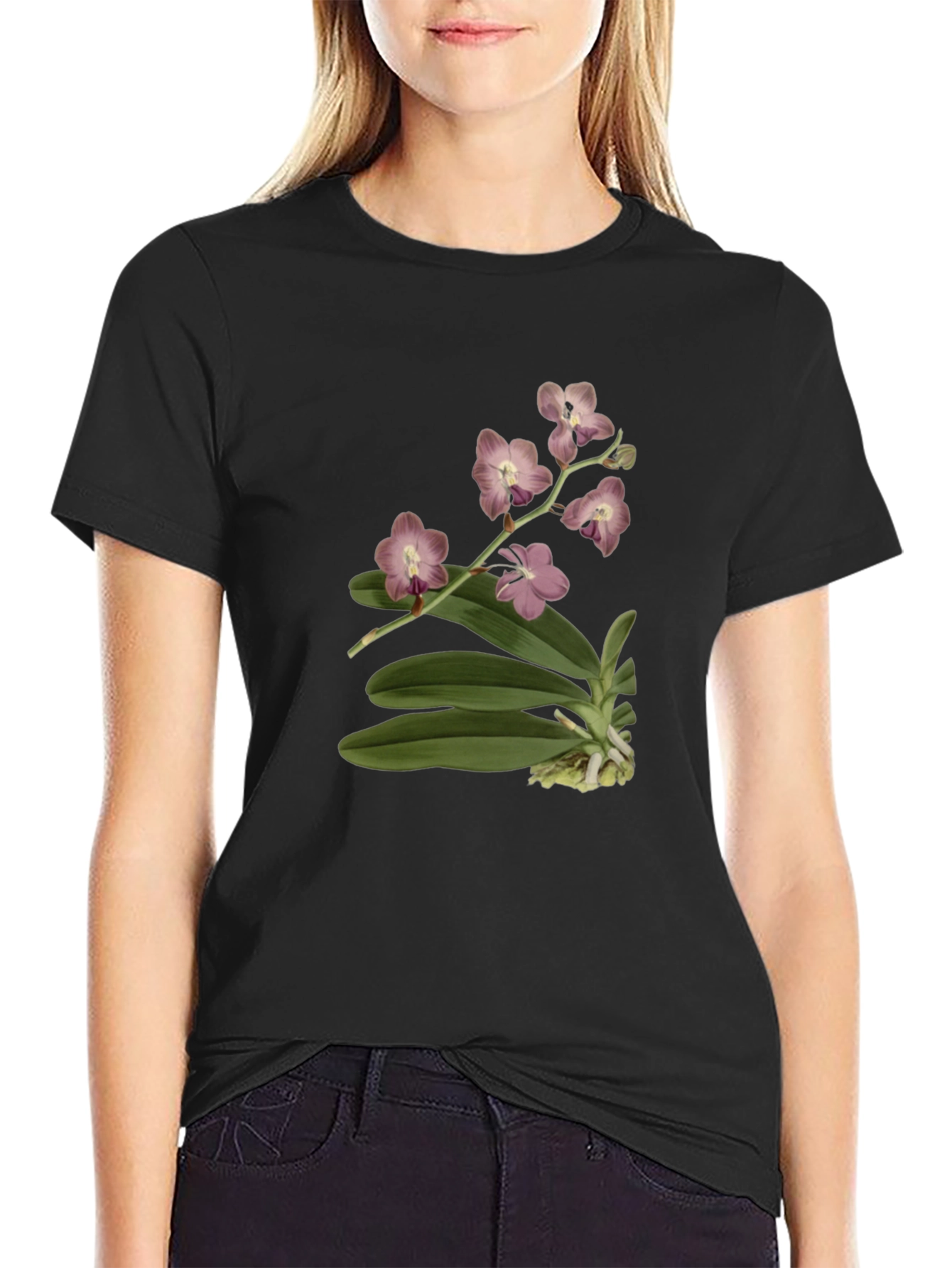 Botanical Orchid Print Black T-Shirt