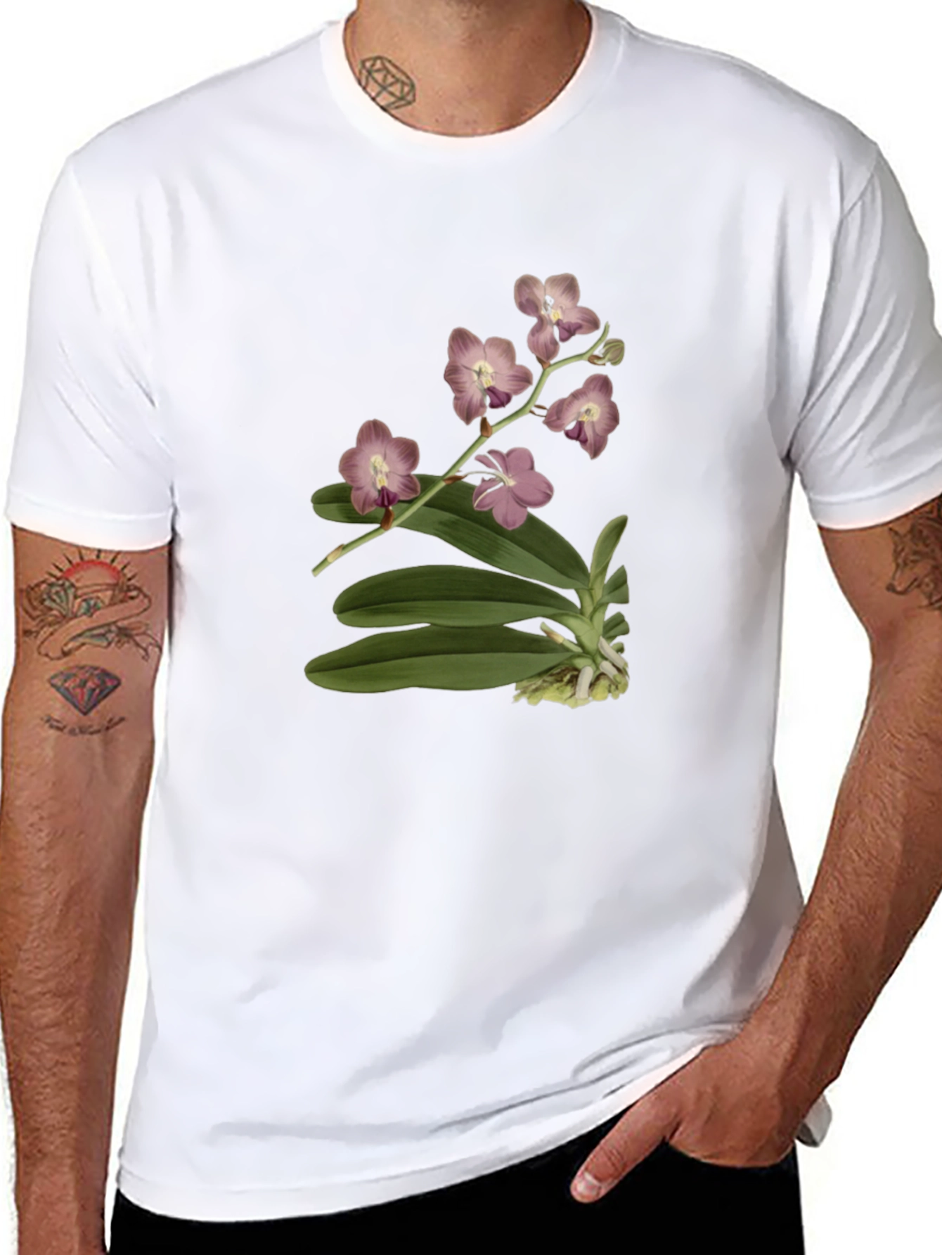 Botanical Orchid Print Black T-Shirt