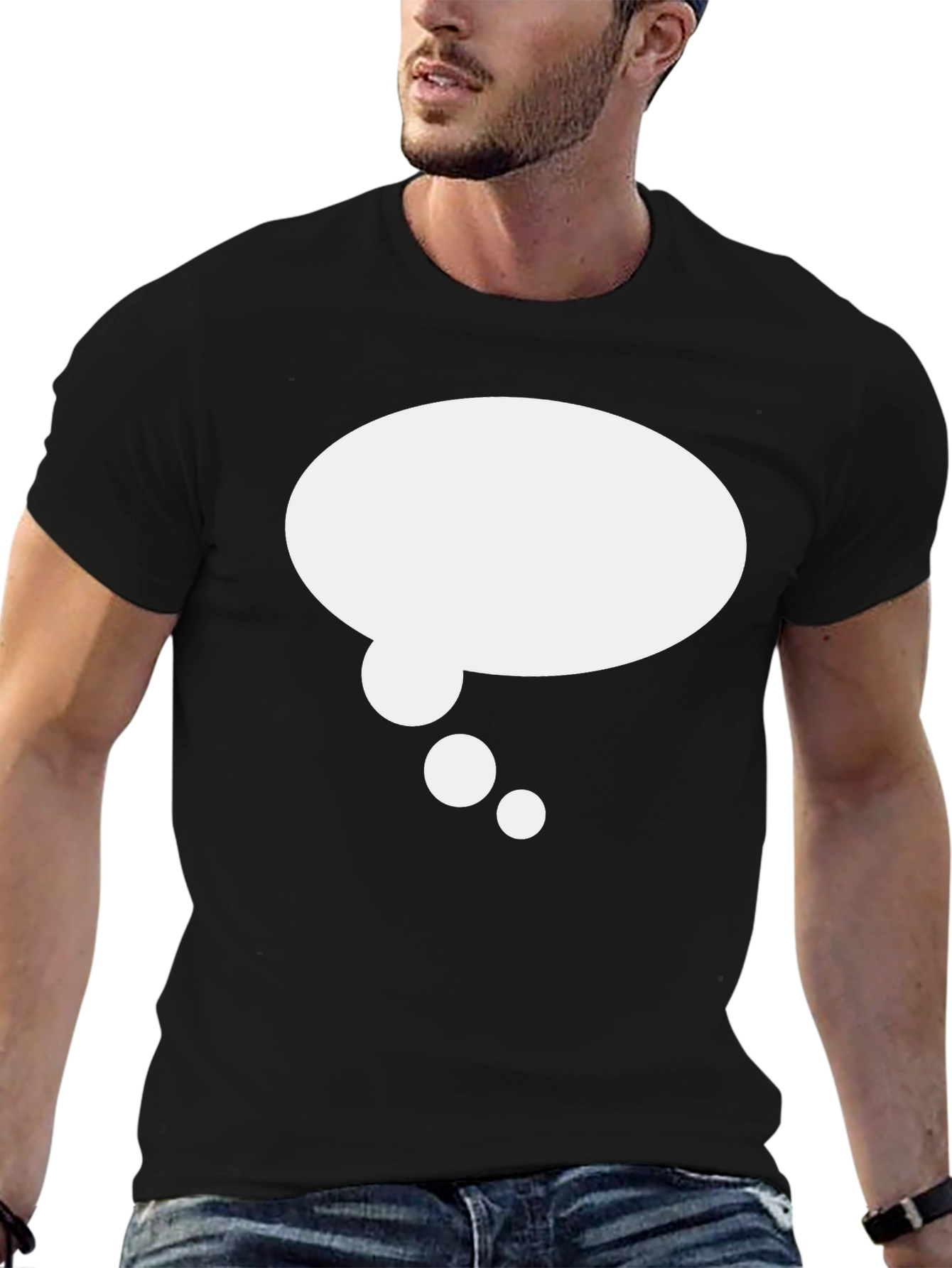 Black T-Shirt with White Thought Bubble Graphic