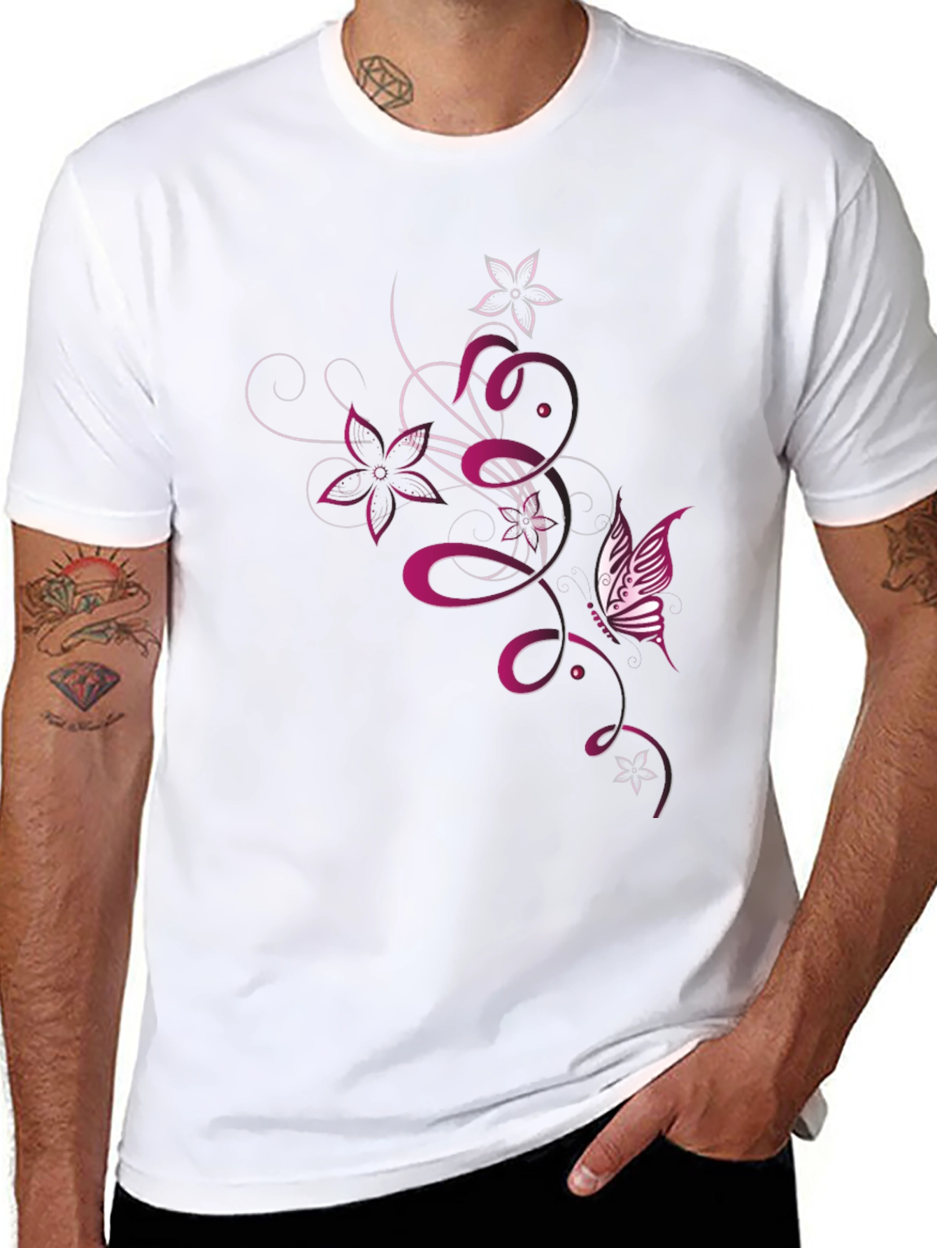 Mens Black T-Shirt with Butterfly Floral Design