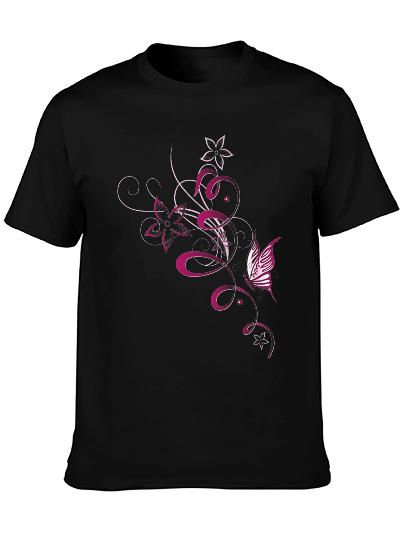 Mens Black T-Shirt with Butterfly Floral Design