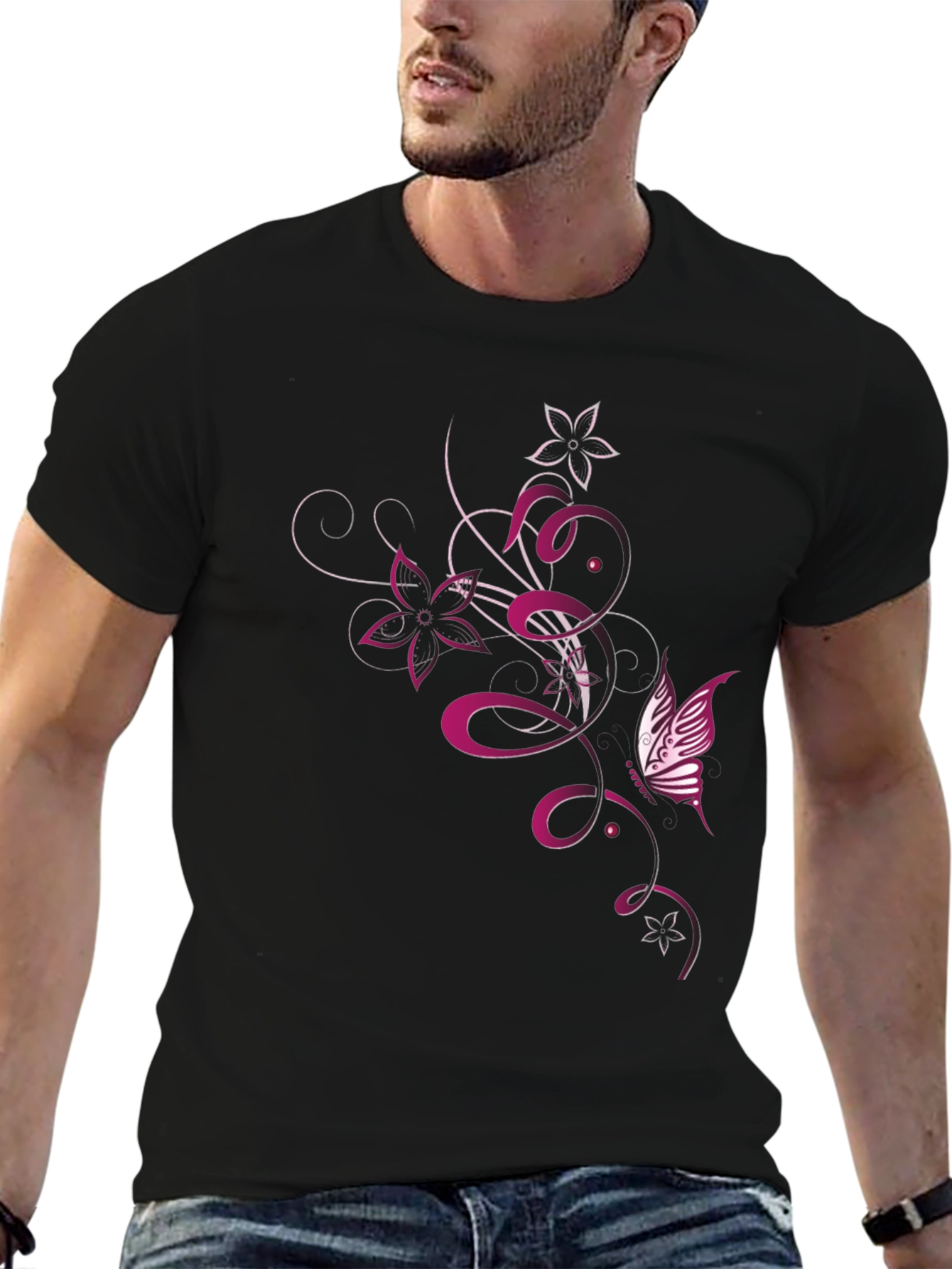 Mens Black T-Shirt with Butterfly Floral Design