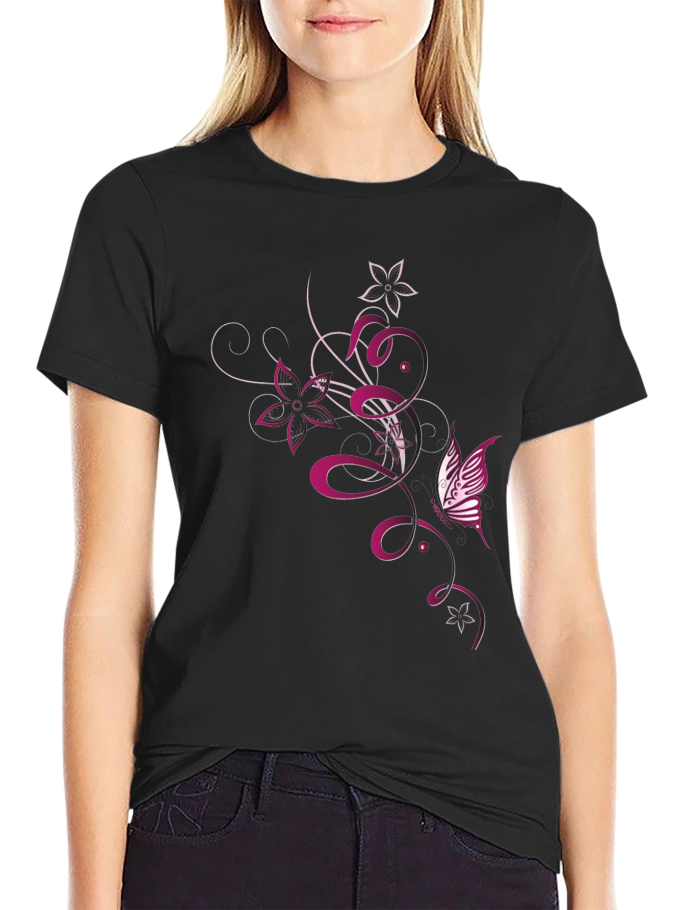 Mens Black T-Shirt with Butterfly Floral Design