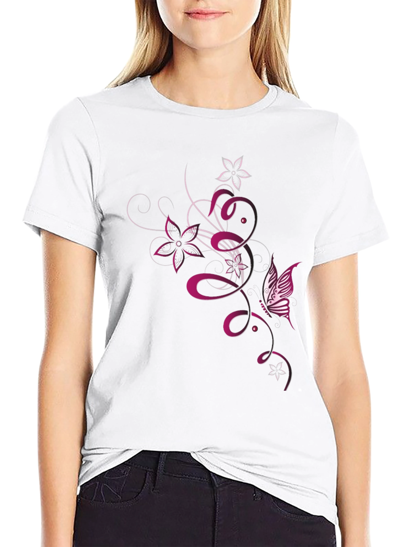 Mens Black T-Shirt with Butterfly Floral Design