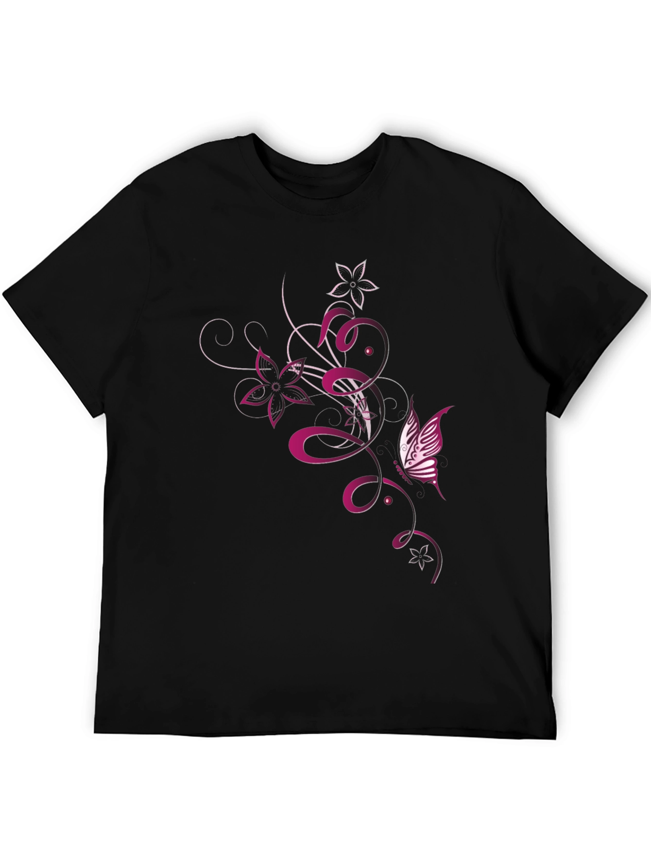 Mens Black T-Shirt with Butterfly Floral Design