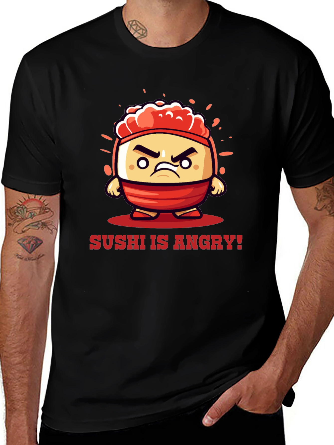 Angry Sushi Cartoon Graphic T-Shirt