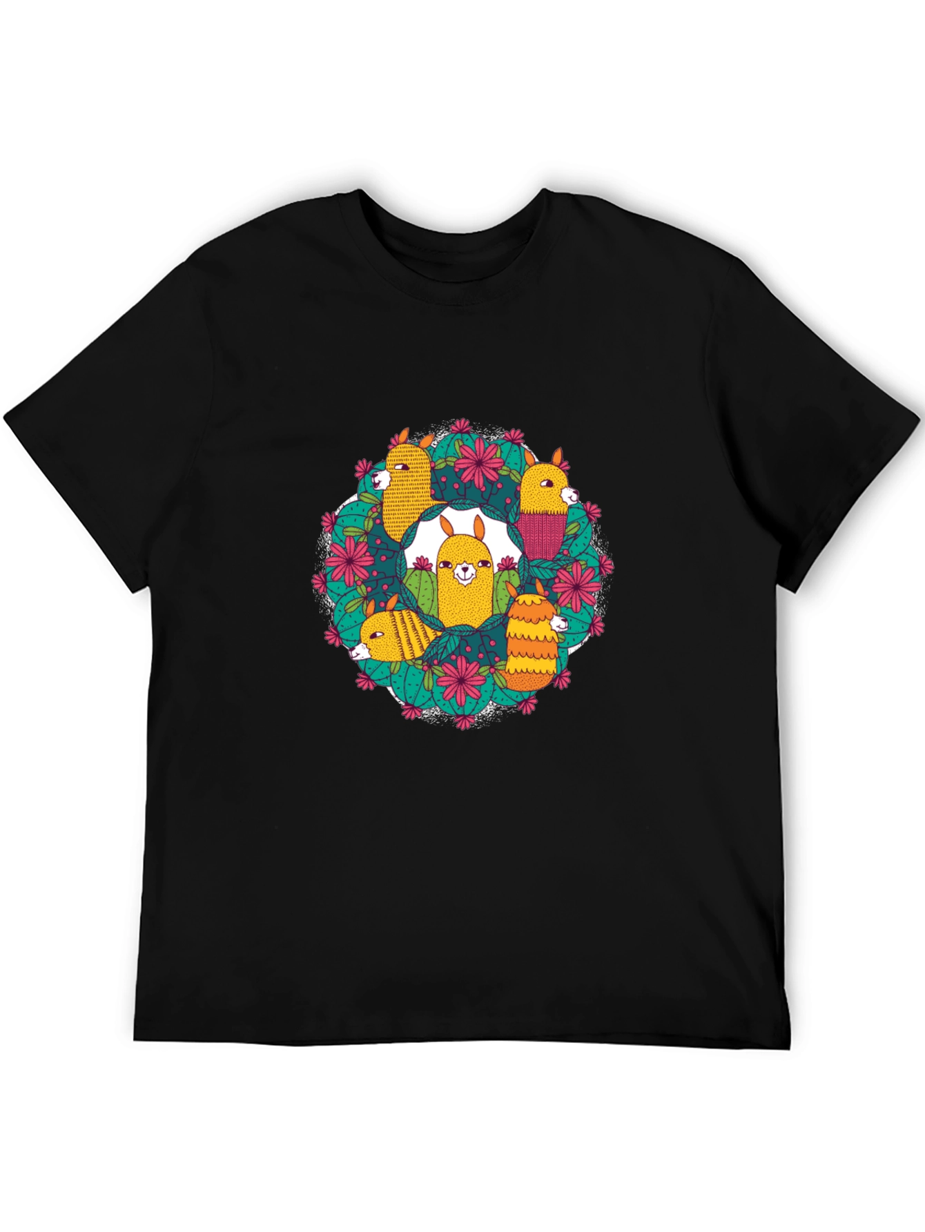 Llama Cactus Circle Black T-Shirt