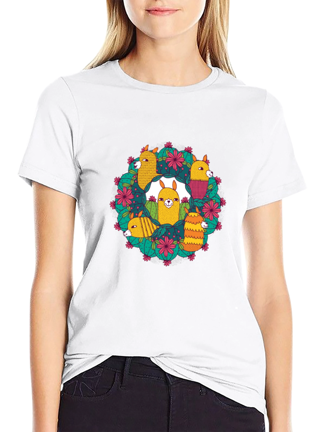 Llama Cactus Circle Black T-Shirt