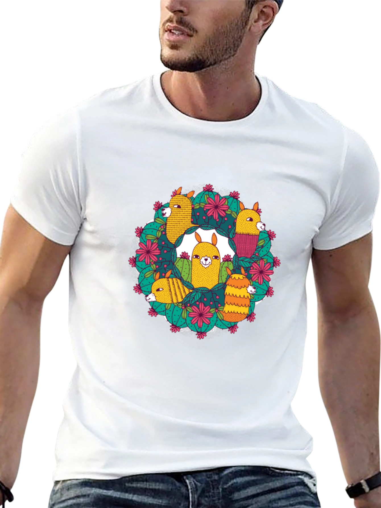 Llama Cactus Circle Black T-Shirt