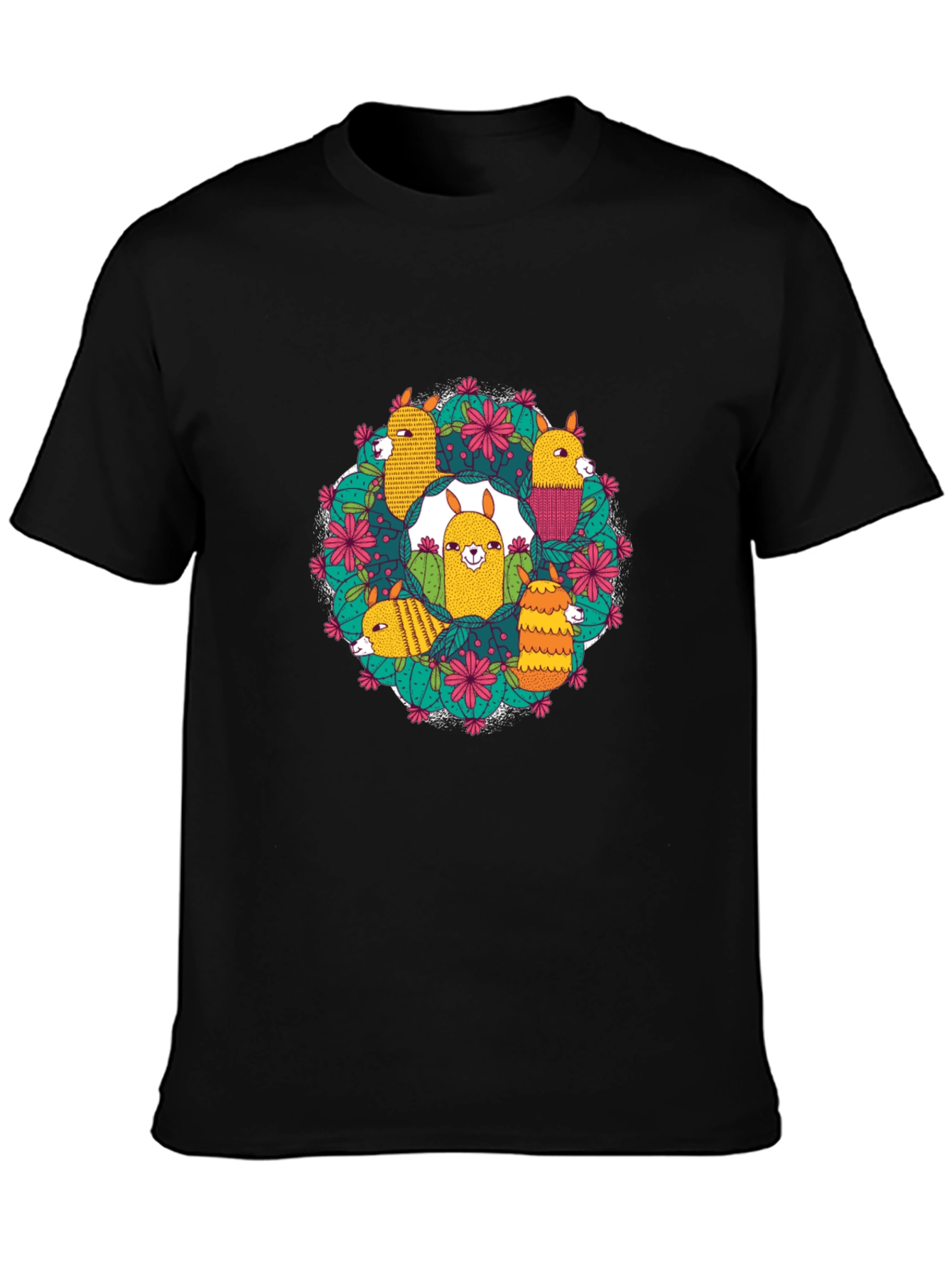 Llama Cactus Circle Black T-Shirt