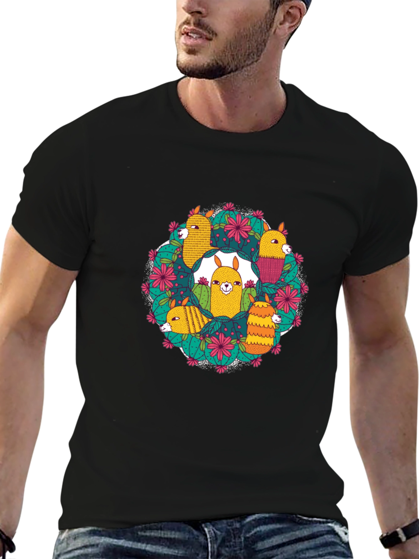 Llama Cactus Circle Black T-Shirt