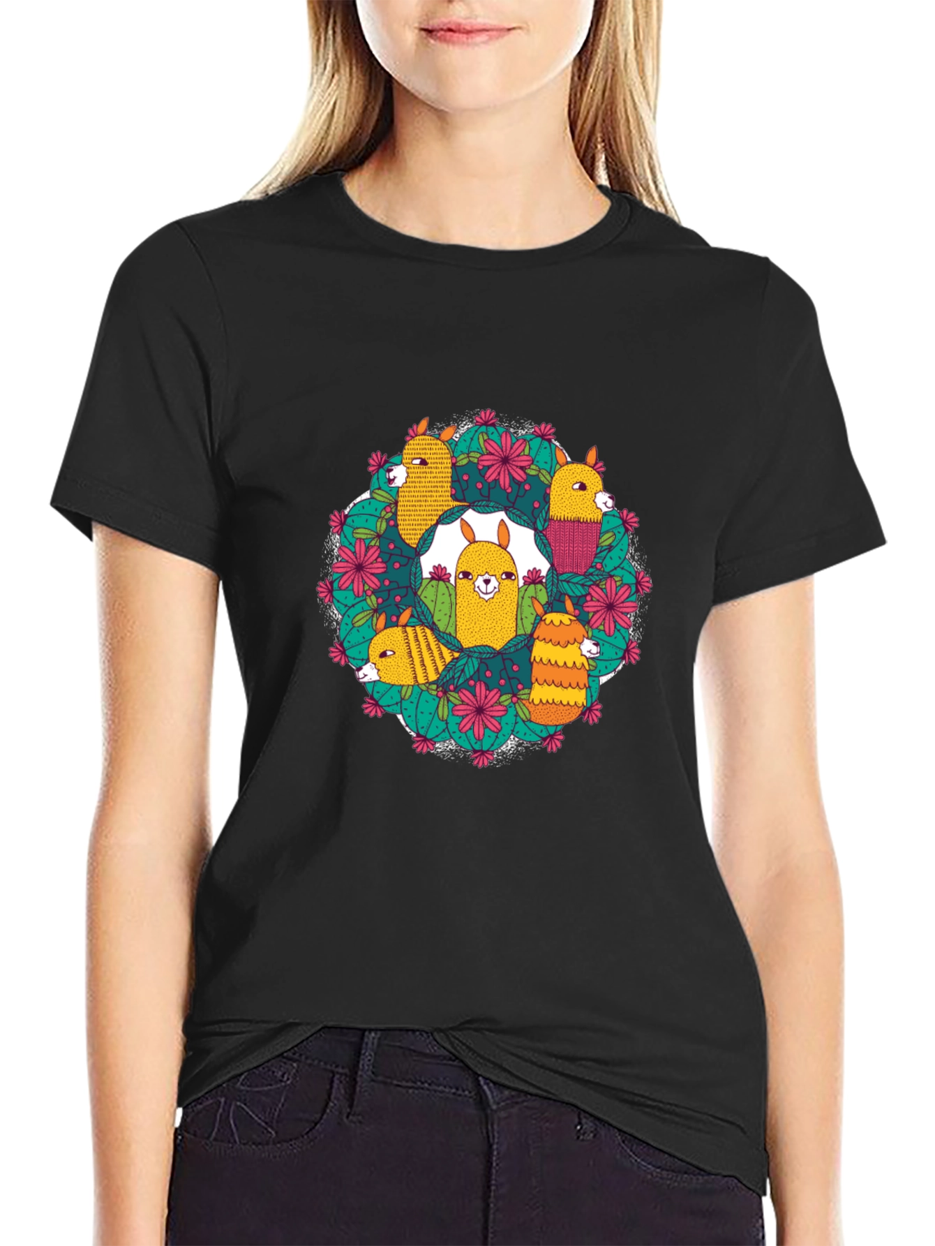 Llama Cactus Circle Black T-Shirt