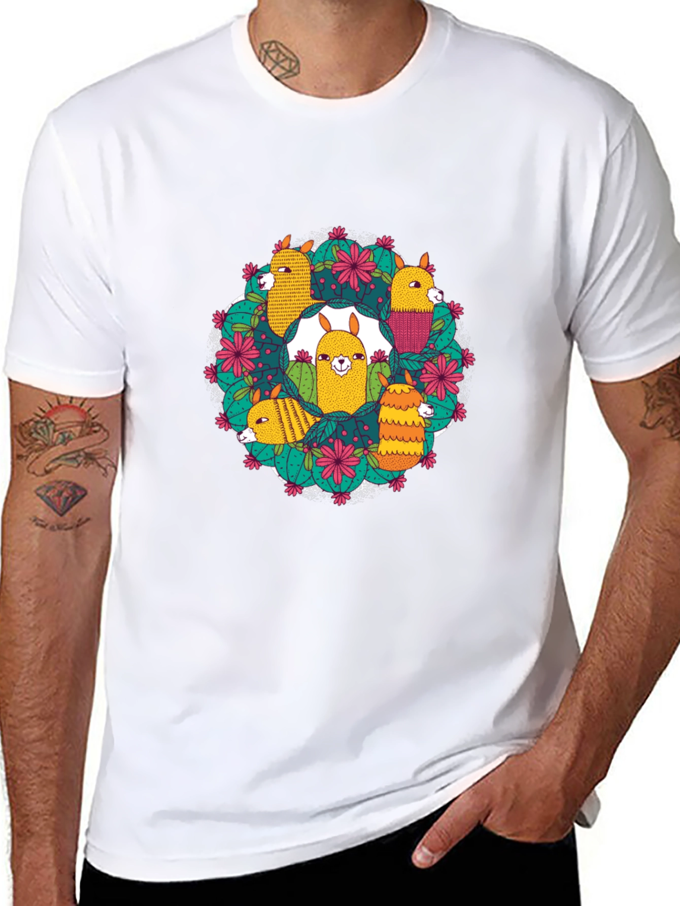 Llama Cactus Circle Black T-Shirt