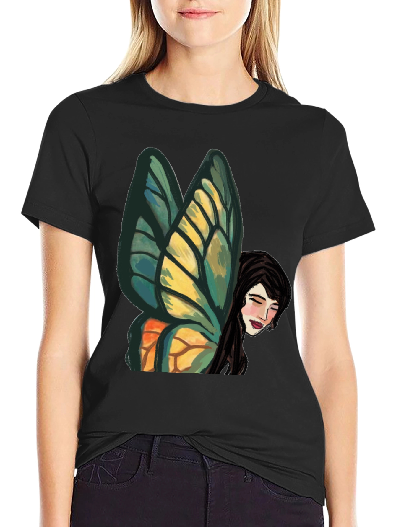 Whimsical Butterfly Fairy Graphic Tee - Black