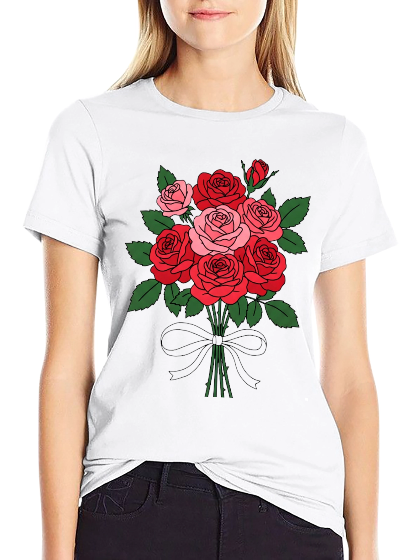 Floral Bouquet T-Shirt: Roses and Bow