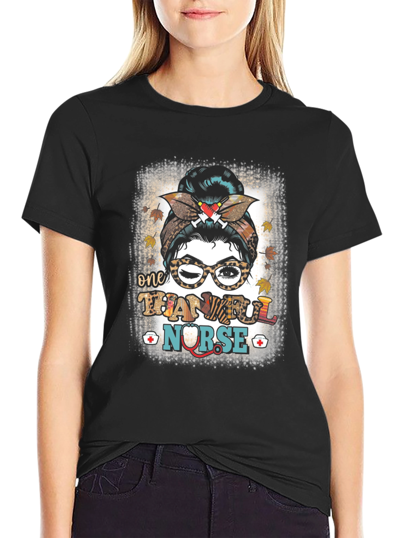 Thankful Nurse Messy Bun T-Shirt