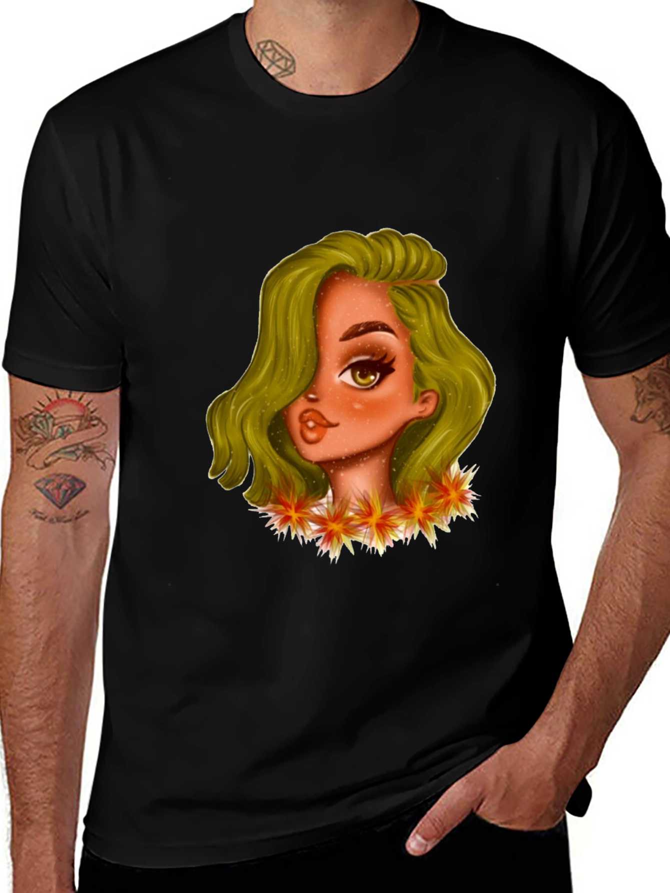 Black T-Shirt with Cartoon Girl Graphic