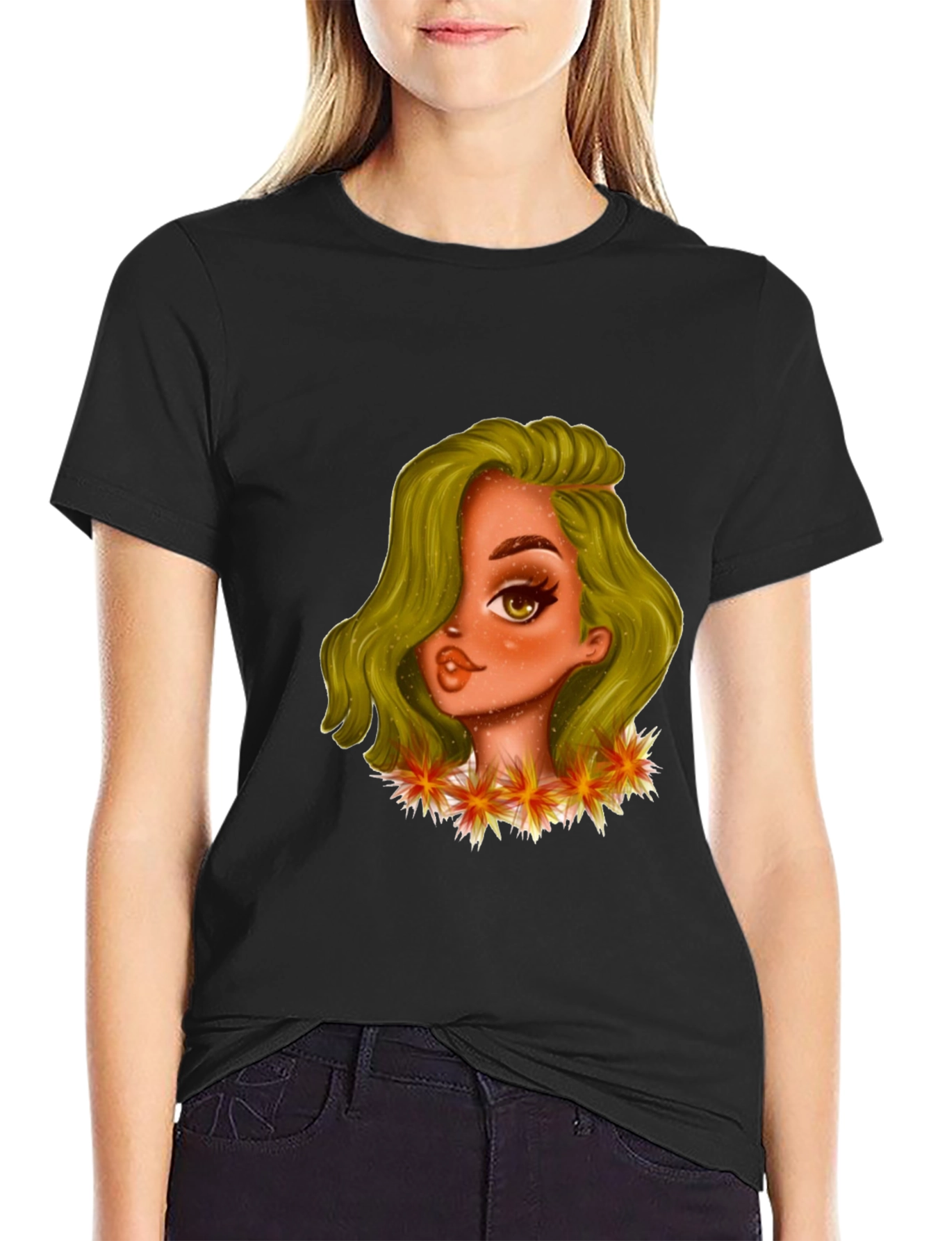 Black T-Shirt with Cartoon Girl Graphic