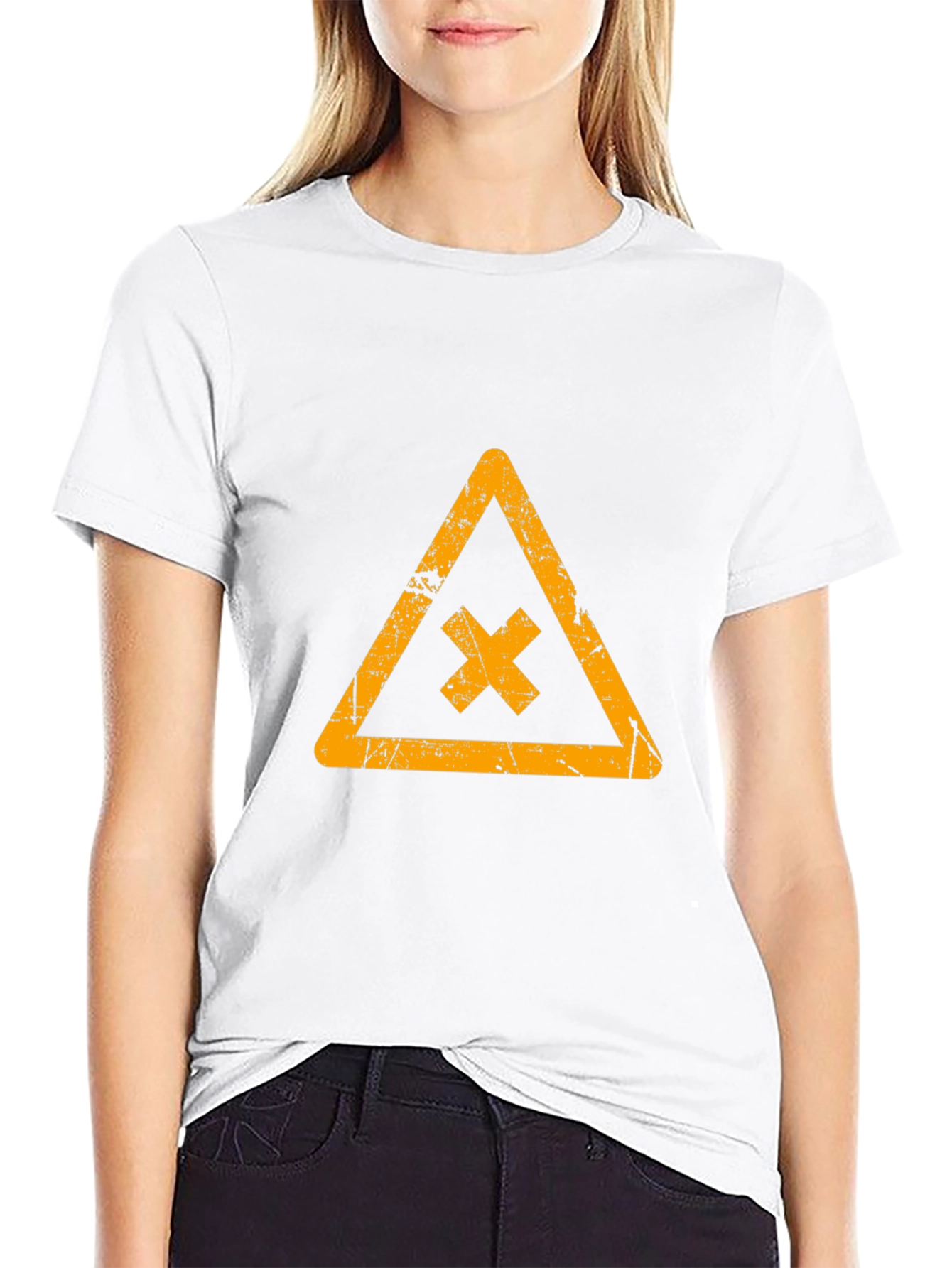 Distressed Graphic Tee: Triangle Hazard Symbol T-Shirt