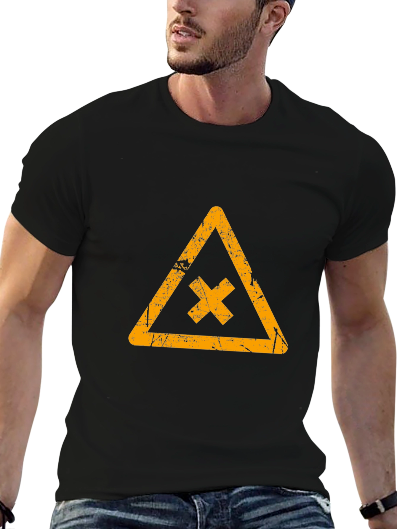Distressed Graphic Tee: Triangle Hazard Symbol T-Shirt
