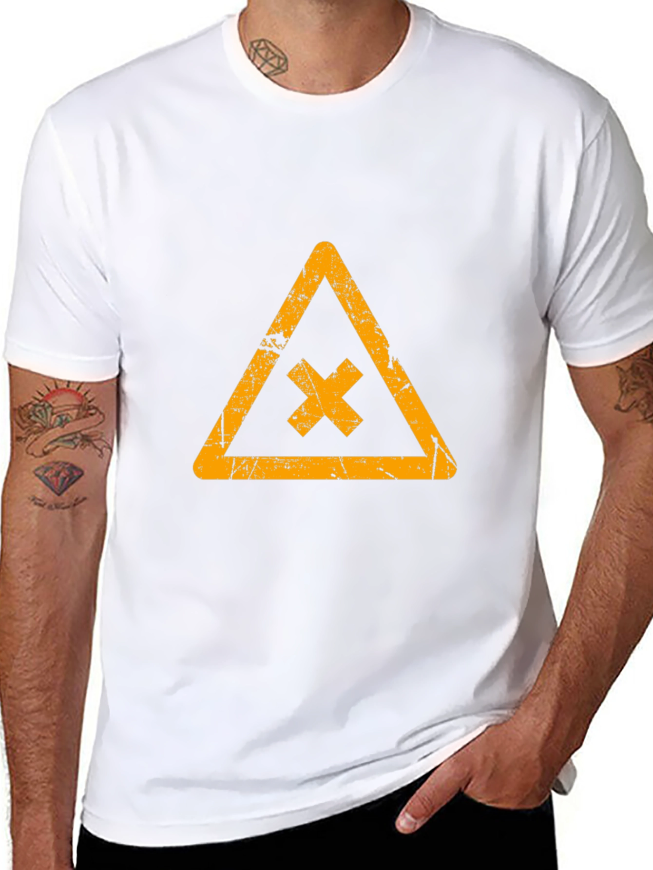Distressed Graphic Tee: Triangle Hazard Symbol T-Shirt