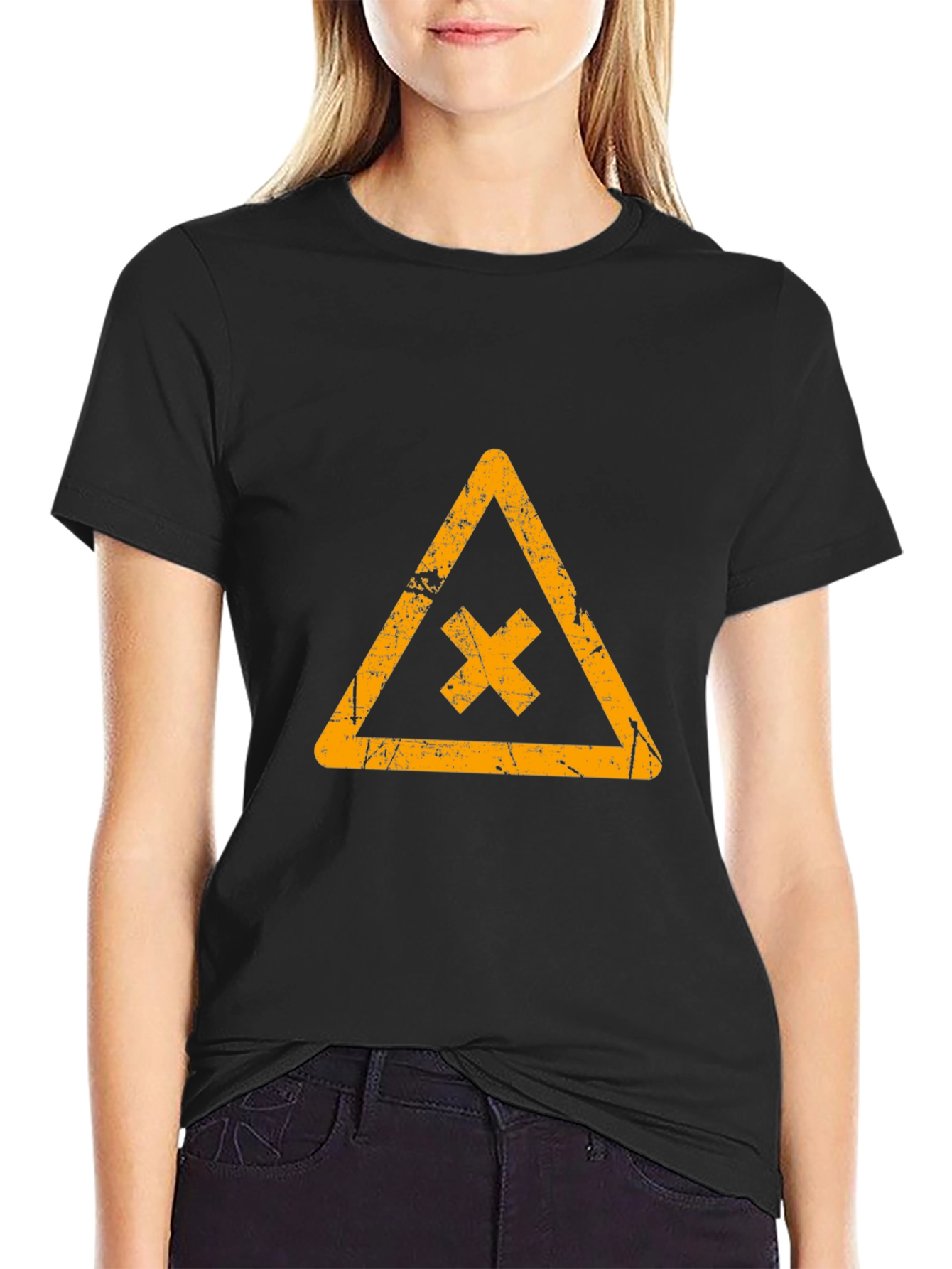 Distressed Graphic Tee: Triangle Hazard Symbol T-Shirt