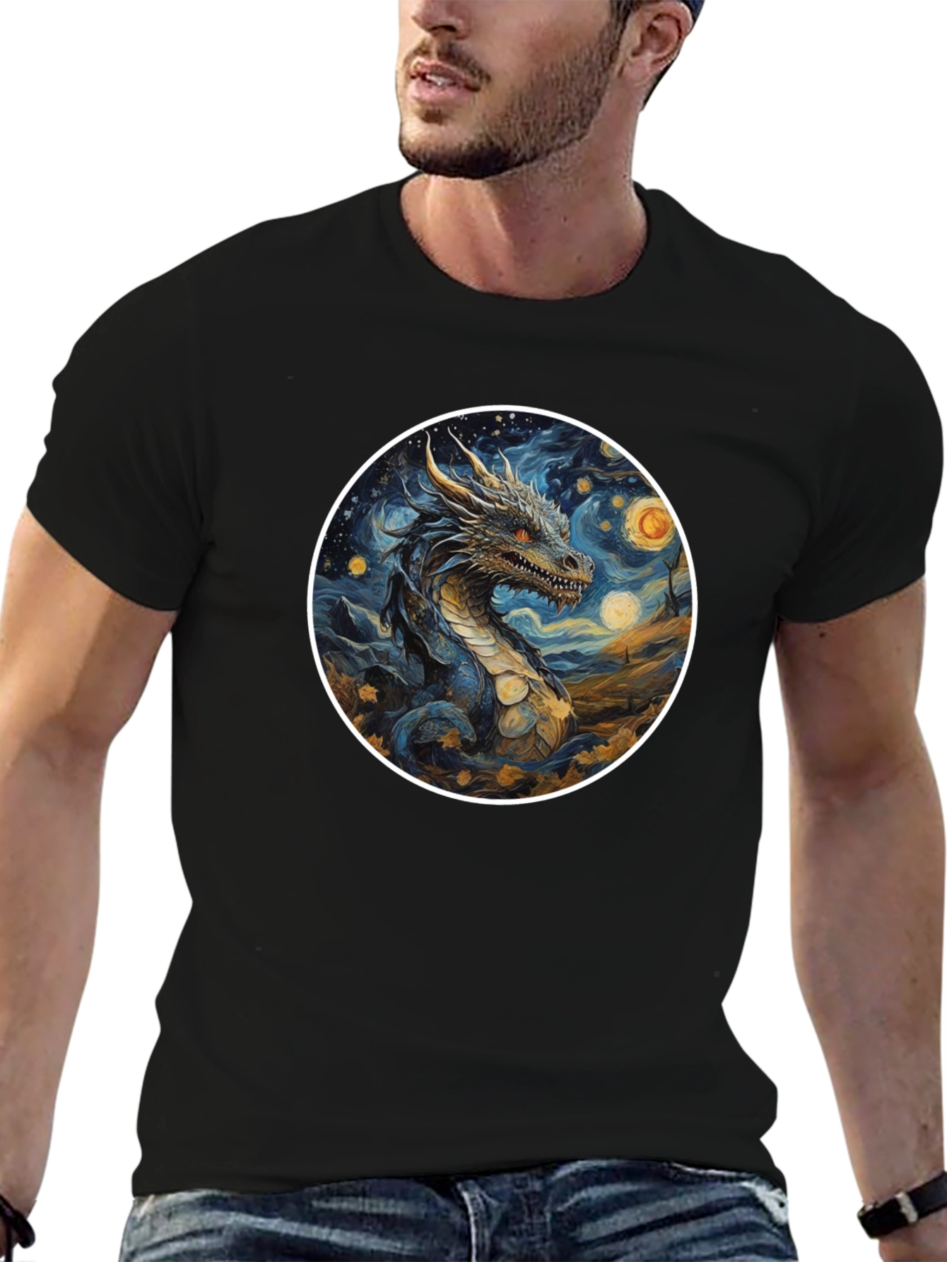 Dragon Starry Night Graphic Tee - Black