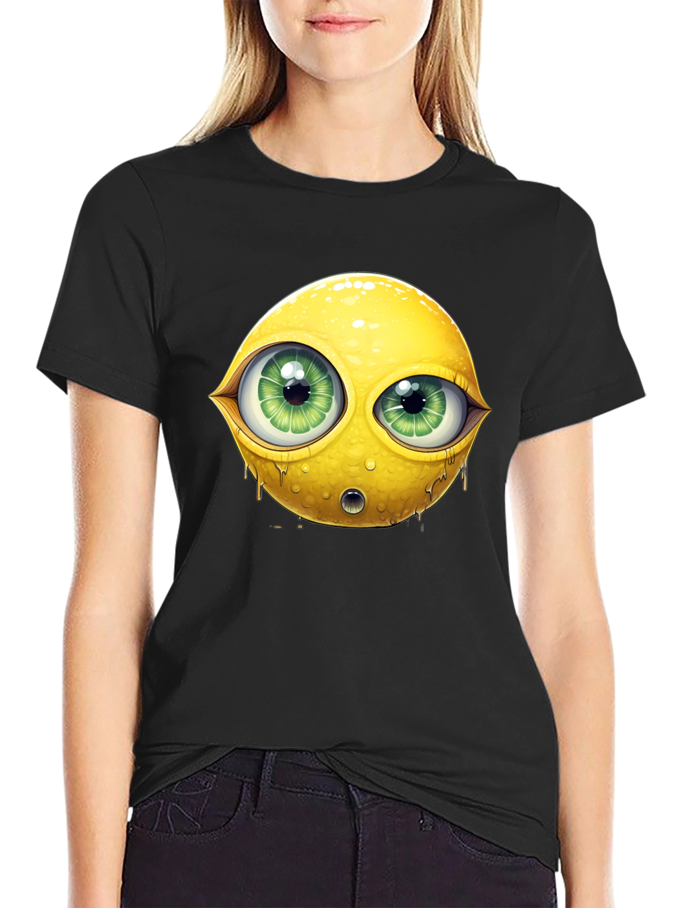Emoji Lemon With Eyes Graphic Black Tee