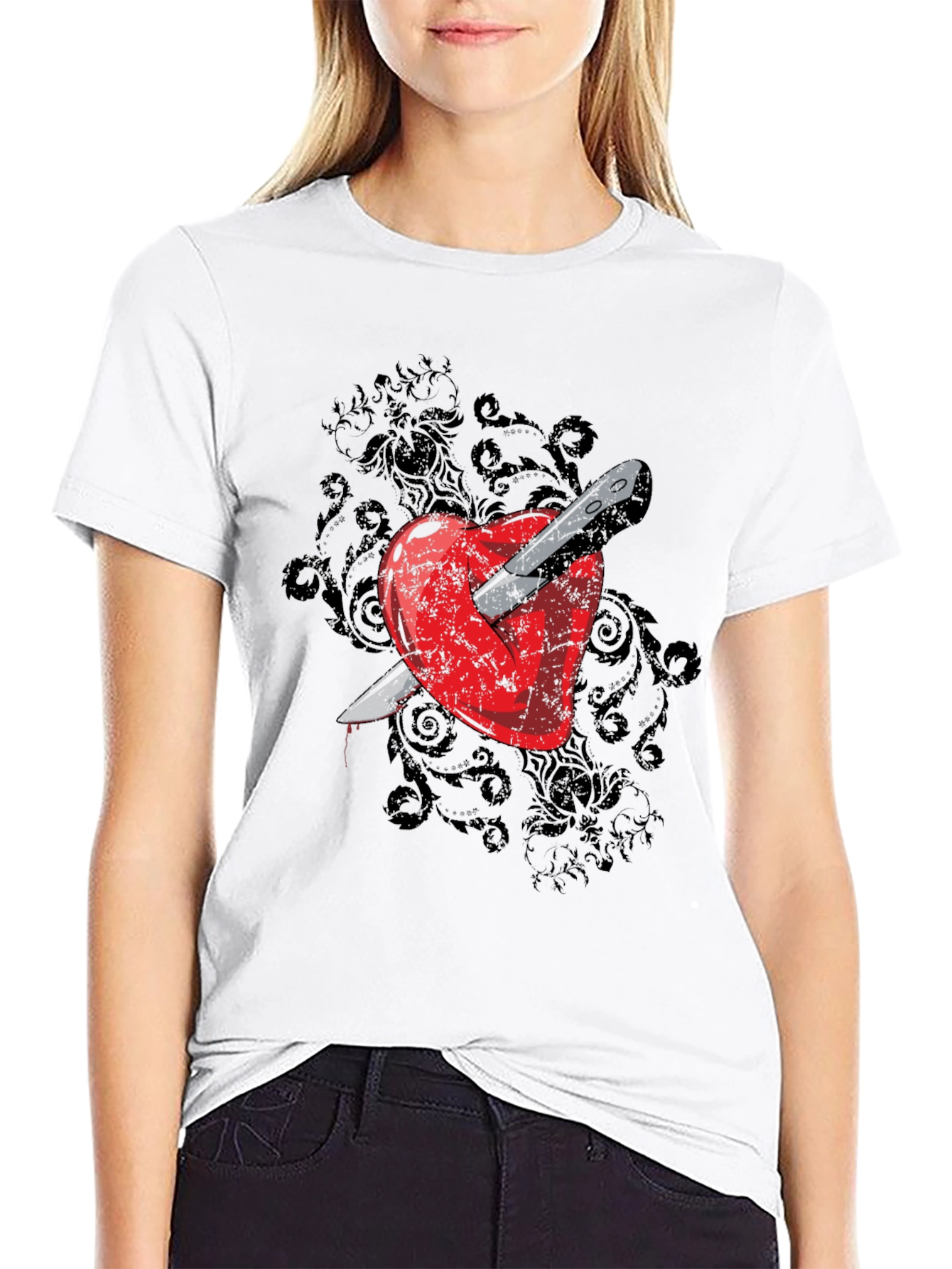 Heart Dagger Graphic Tee - Gothic Style