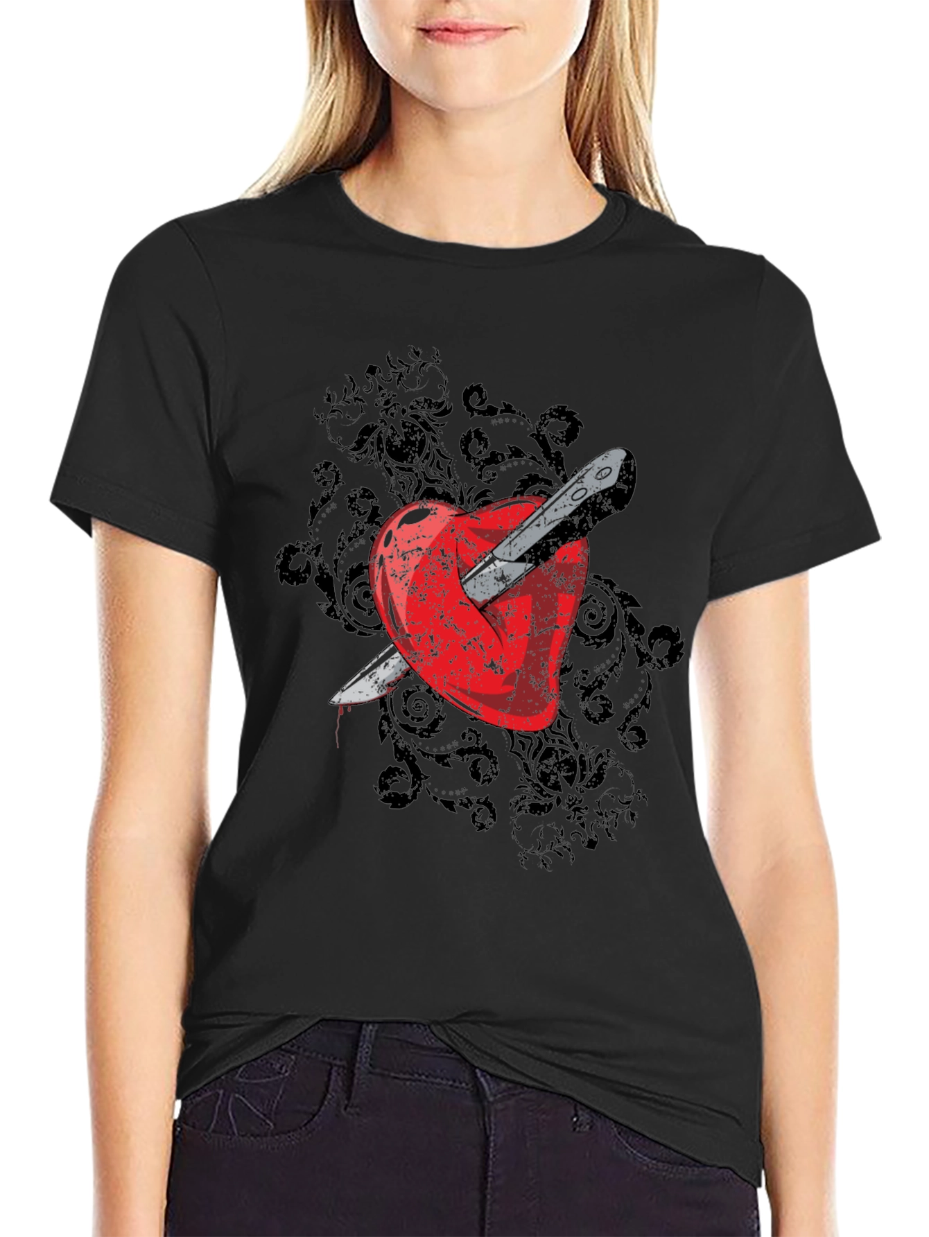 Heart Dagger Graphic Tee - Gothic Style
