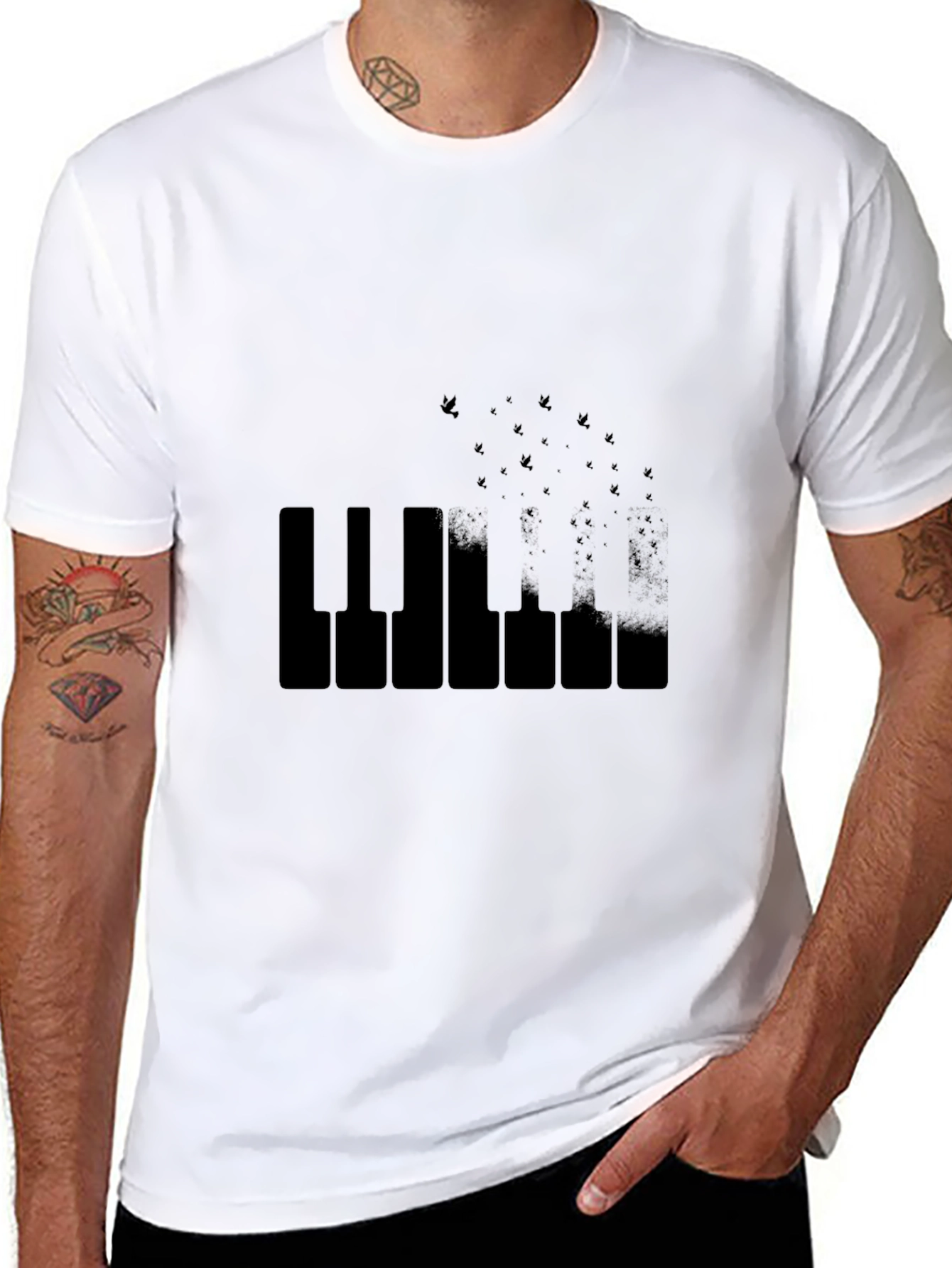 Piano Keys & Birds Black T-Shirt