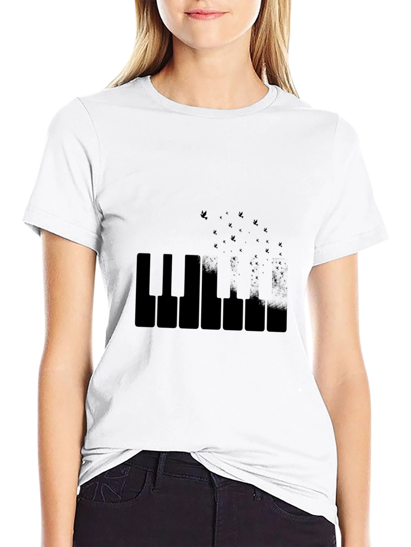 Piano Keys & Birds Black T-Shirt