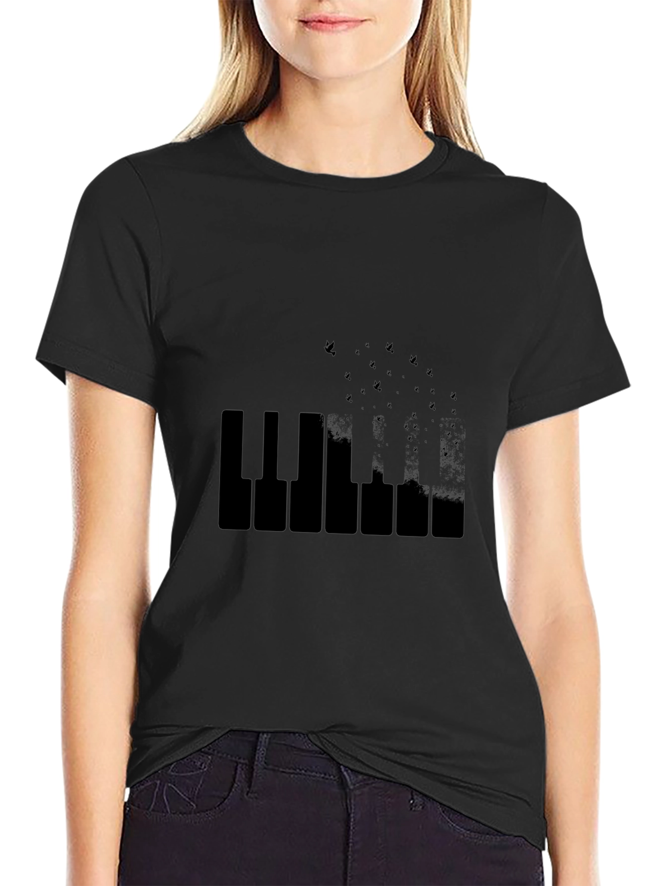 Piano Keys & Birds Black T-Shirt