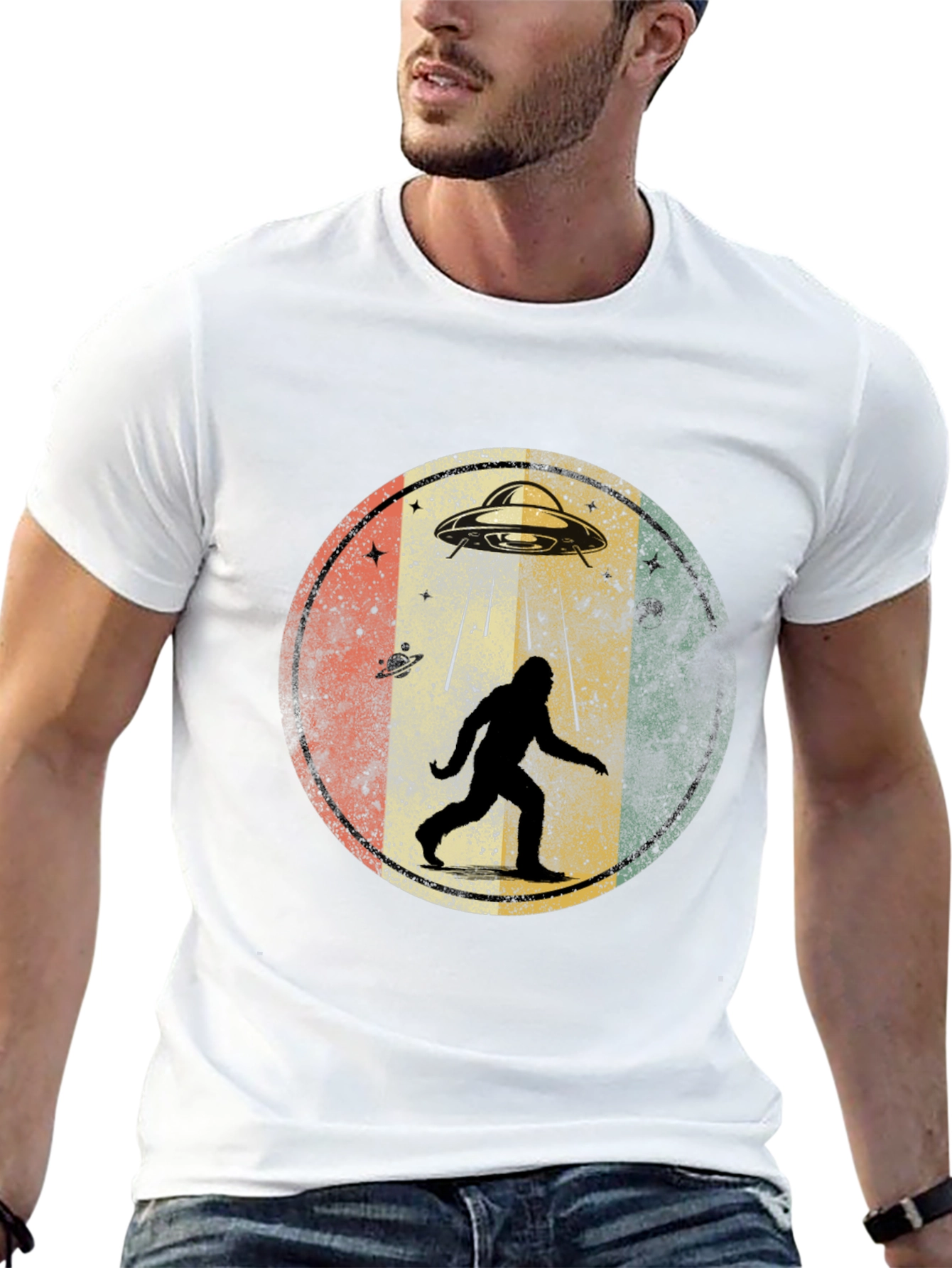 Bigfoot UFO Abduction Mens Graphic T-Shirt