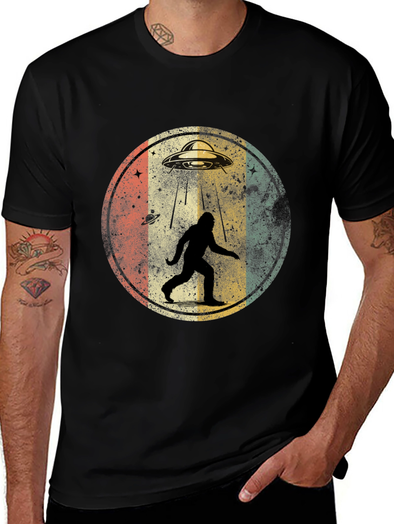 Bigfoot UFO Abduction Mens Graphic T-Shirt