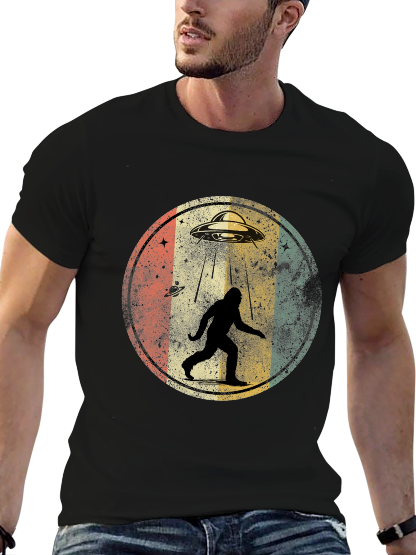 Bigfoot UFO Abduction Mens Graphic T-Shirt