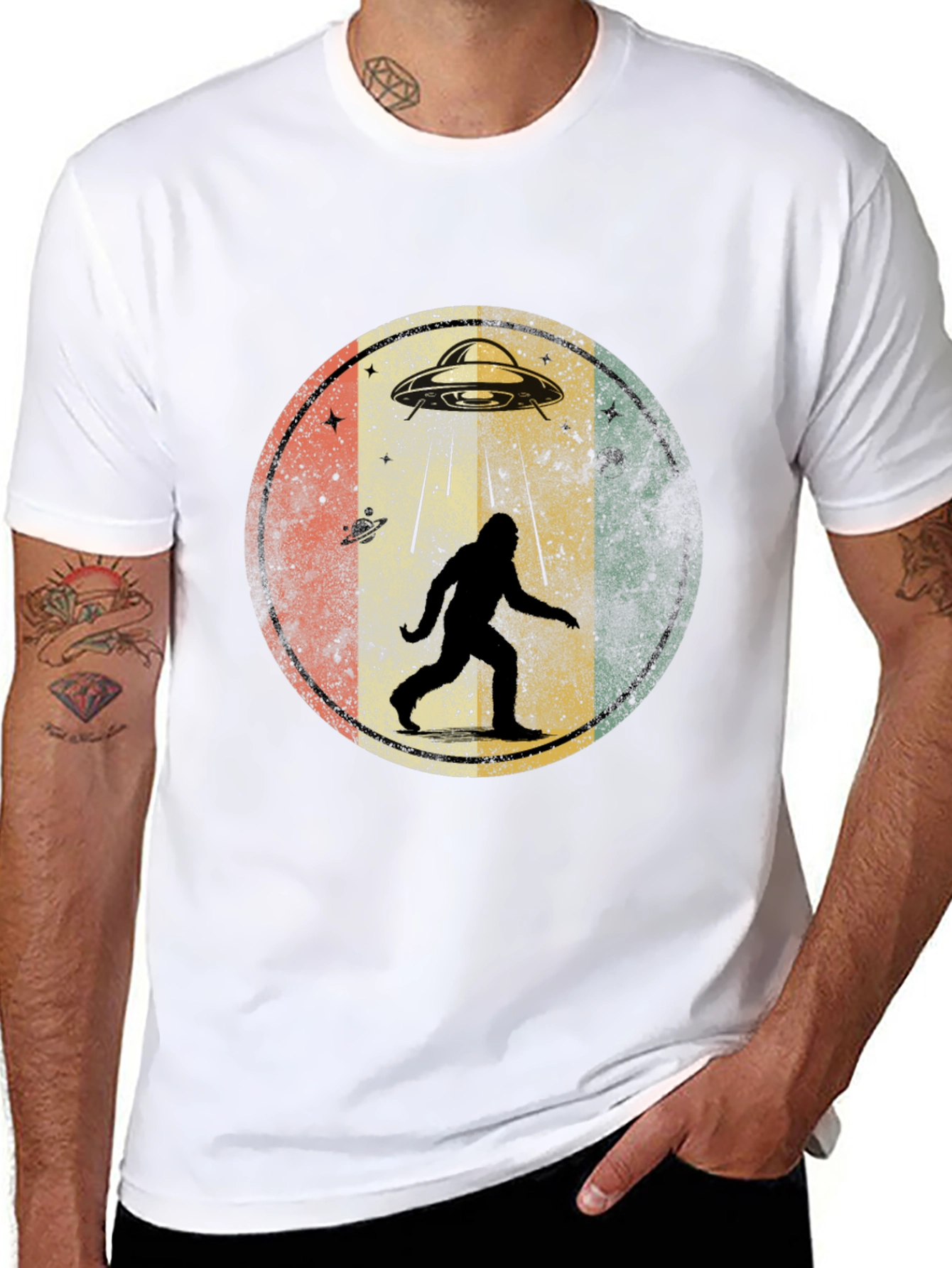 Bigfoot UFO Abduction Mens Graphic T-Shirt