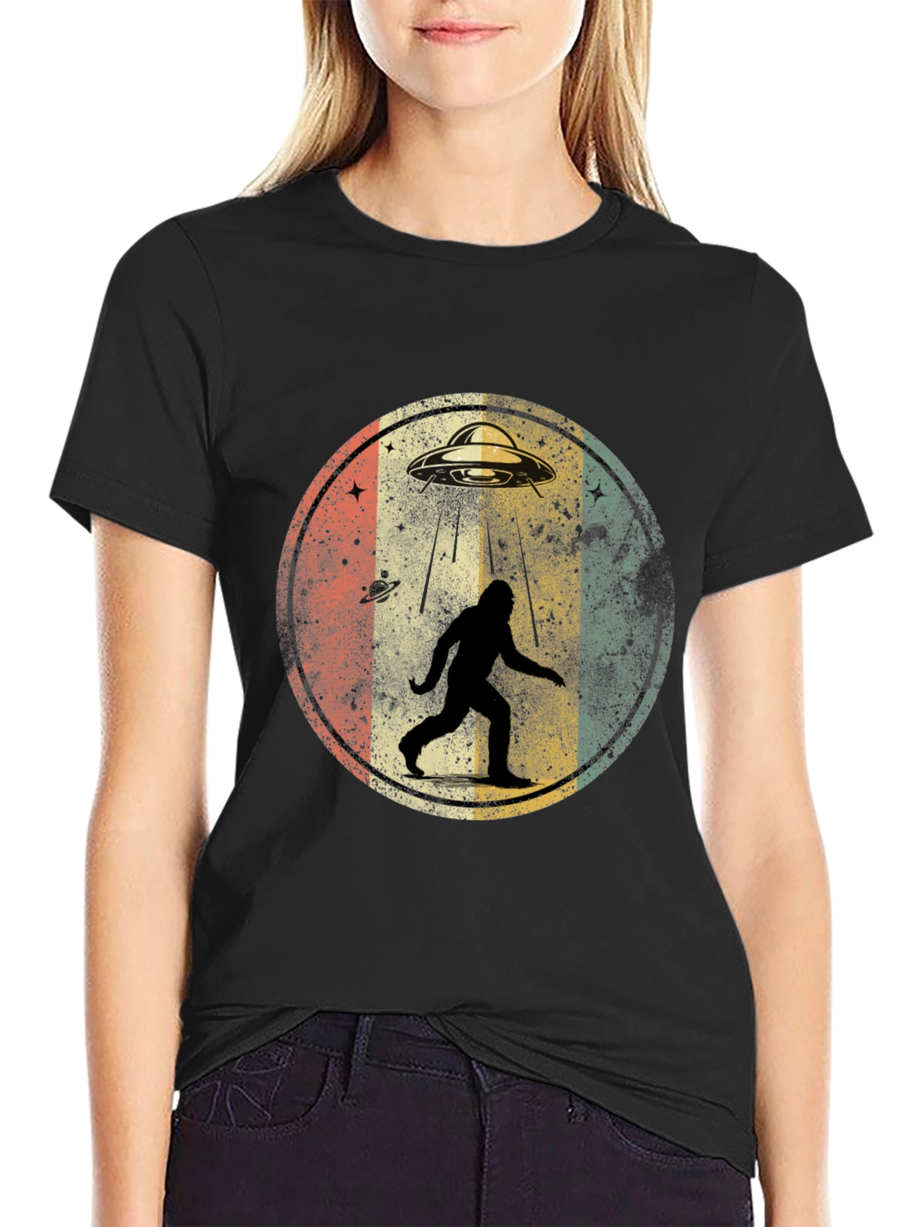 Bigfoot UFO Abduction Mens Graphic T-Shirt