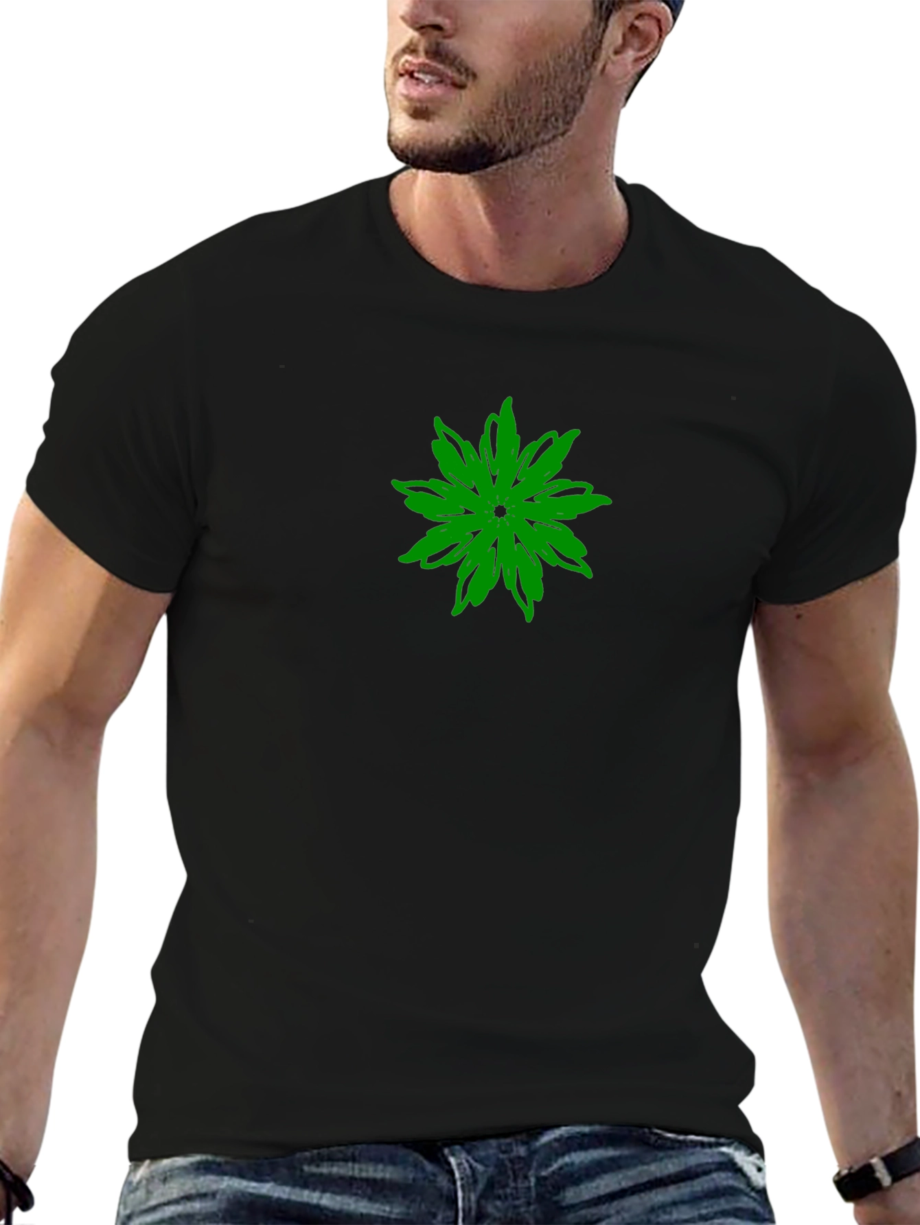 Green Flower Graphic Black T-Shirt