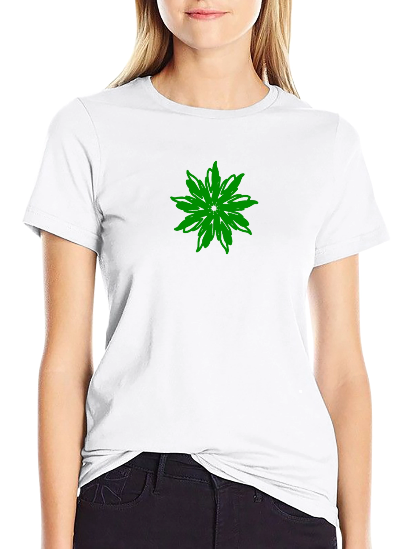 Green Flower Graphic Black T-Shirt