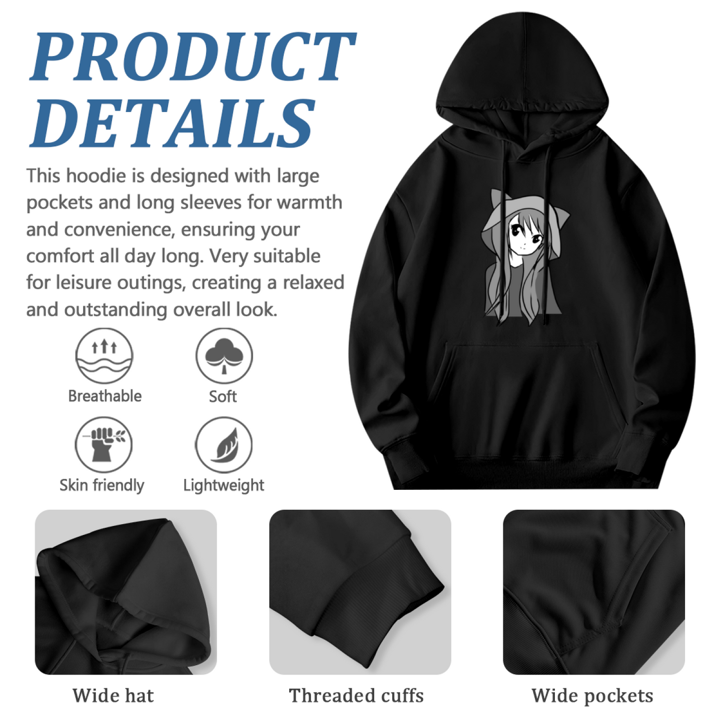 Cute Anime Cat Girl Graphic Black Hoodie, Unisex Soft Kawaii Casual Hooded Top