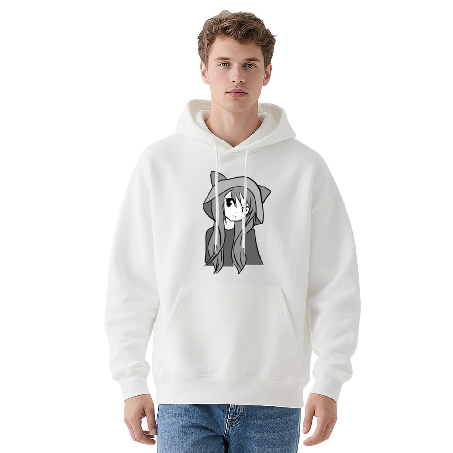 Cute Anime Cat Girl Graphic Black Hoodie, Unisex Soft Kawaii Casual Hooded Top