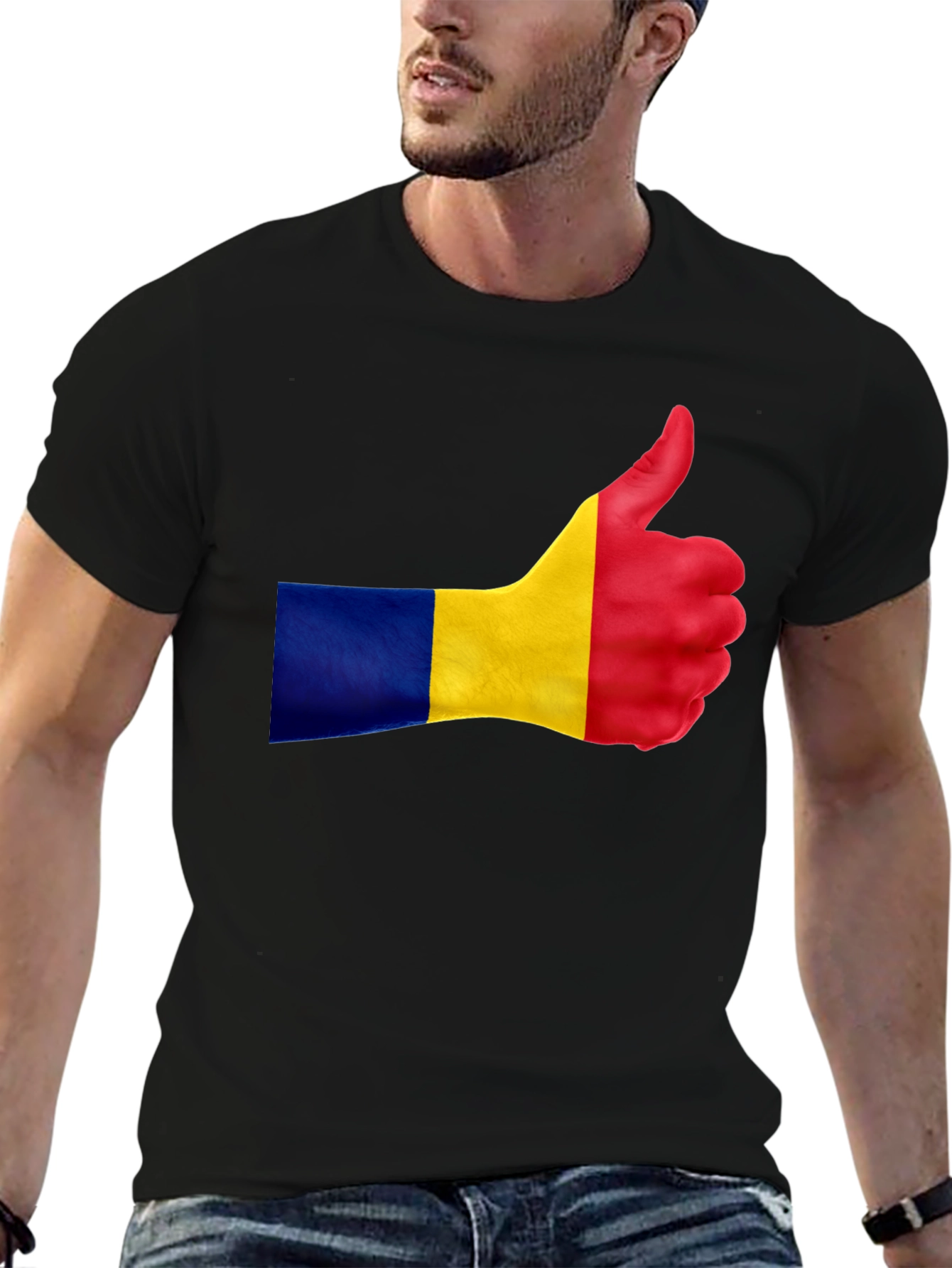 Romania Flag Thumbs Up Black T-Shirt