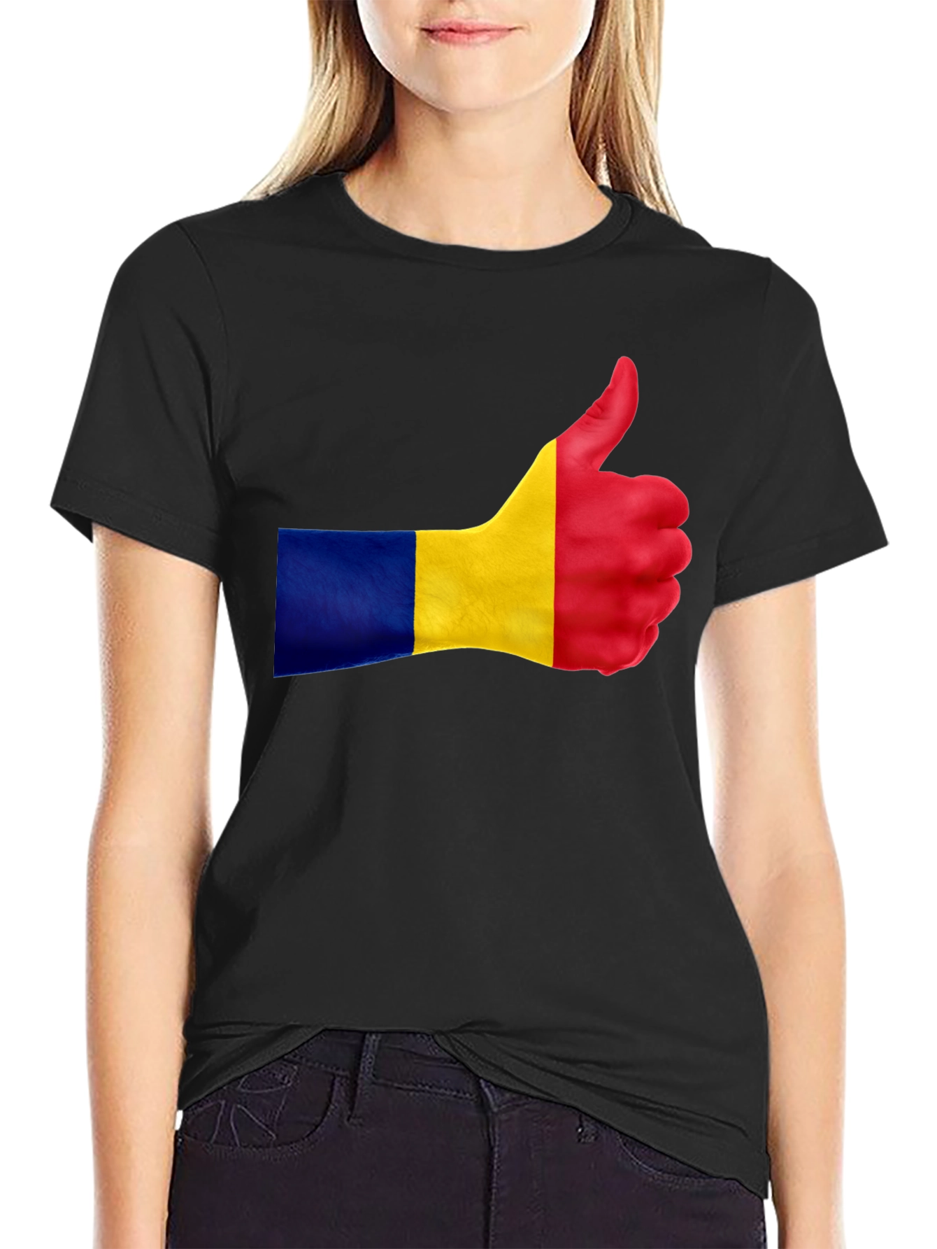 Romania Flag Thumbs Up Black T-Shirt